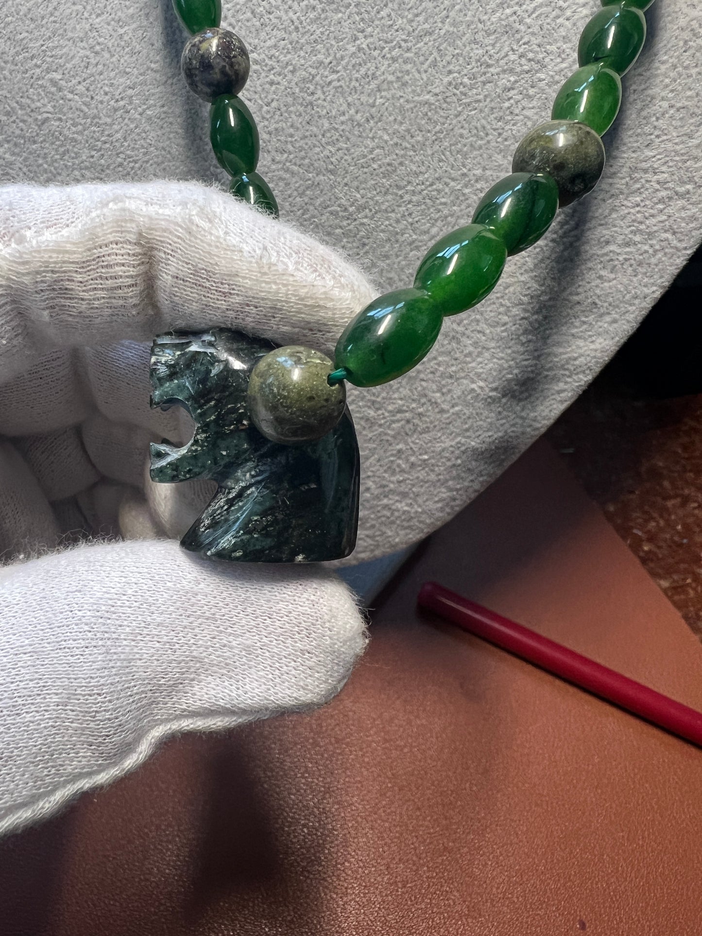 Serpentine Jaguar Pendant, Nephrite Jade Beads Aztec Necklace, Mayan, Mex (#17)