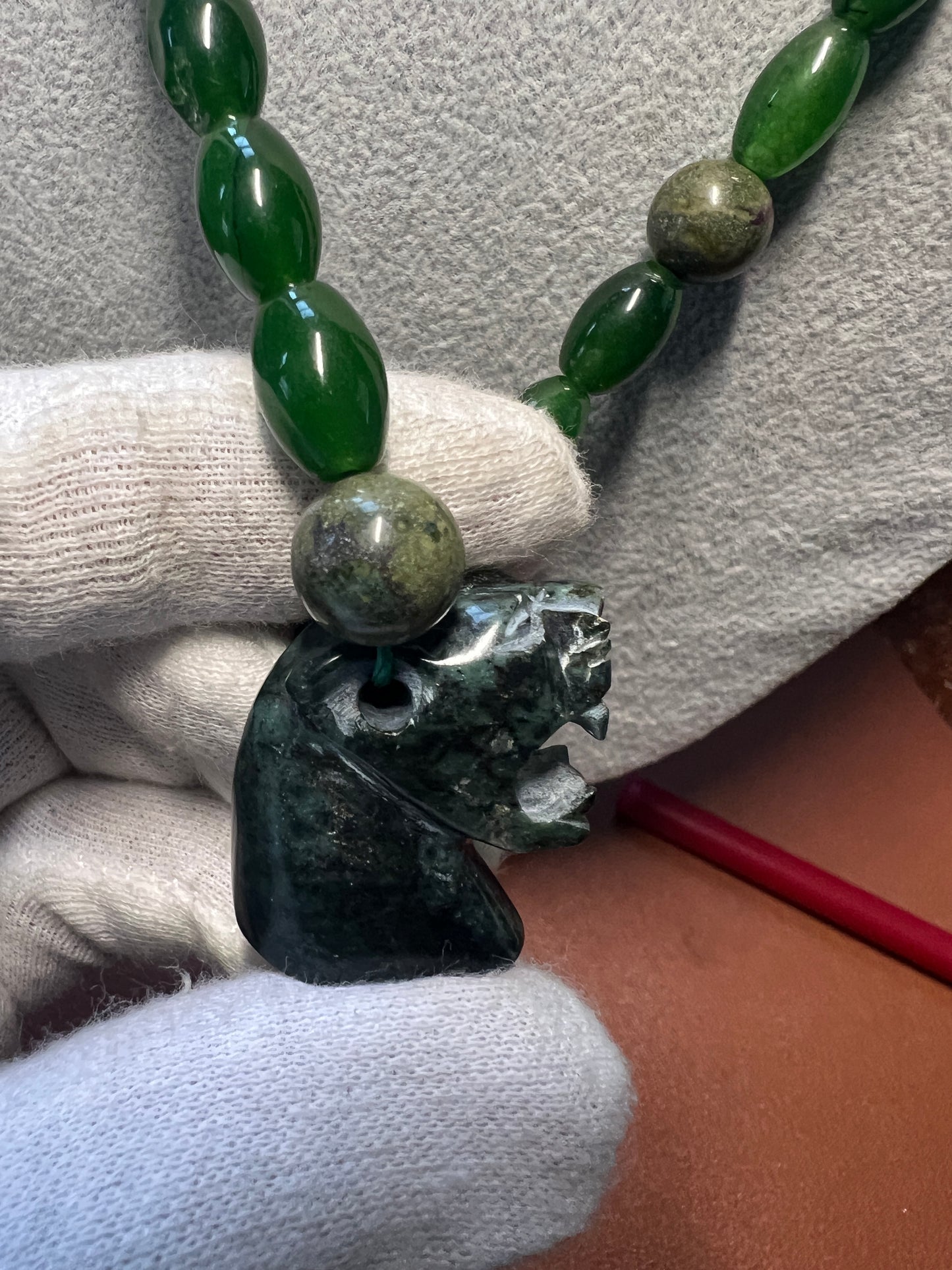 Serpentine Jaguar Pendant, Nephrite Jade Beads Aztec Necklace, Mayan, Mex (#17)