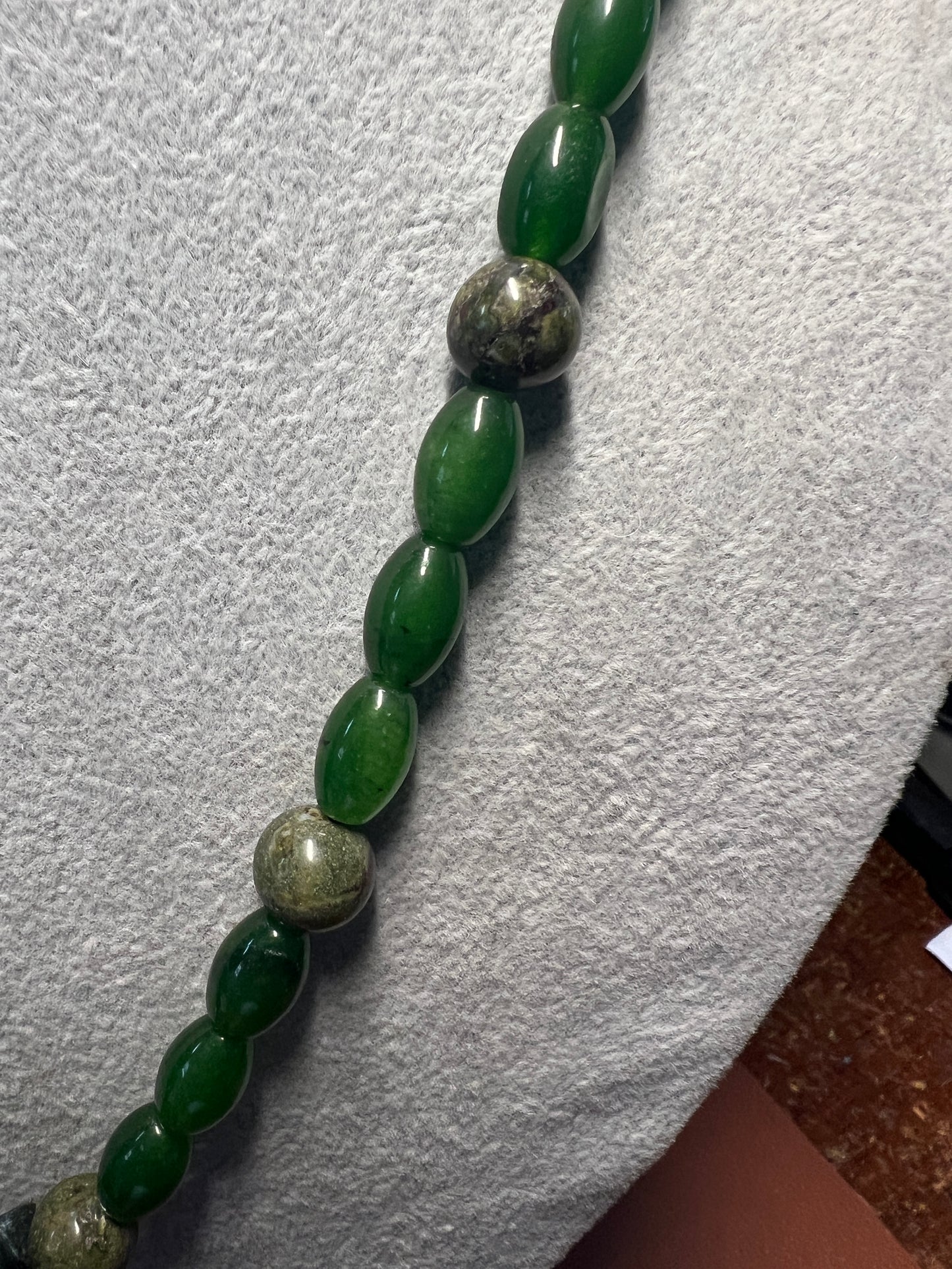 Serpentine Jaguar Pendant, Nephrite Jade Beads Aztec Necklace, Mayan, Mex (#17)