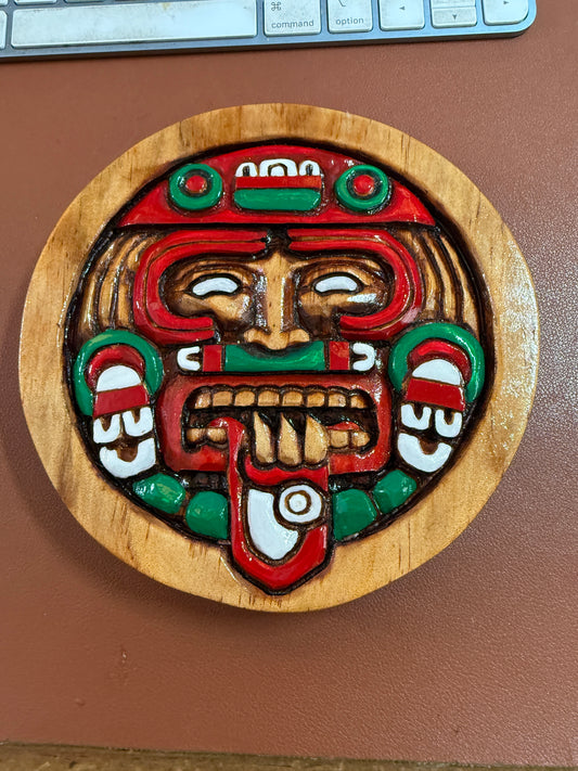 Aztec Tonatuih Sun plaque wooden carving art, Mexica, Mexico, Mexican, Handmade