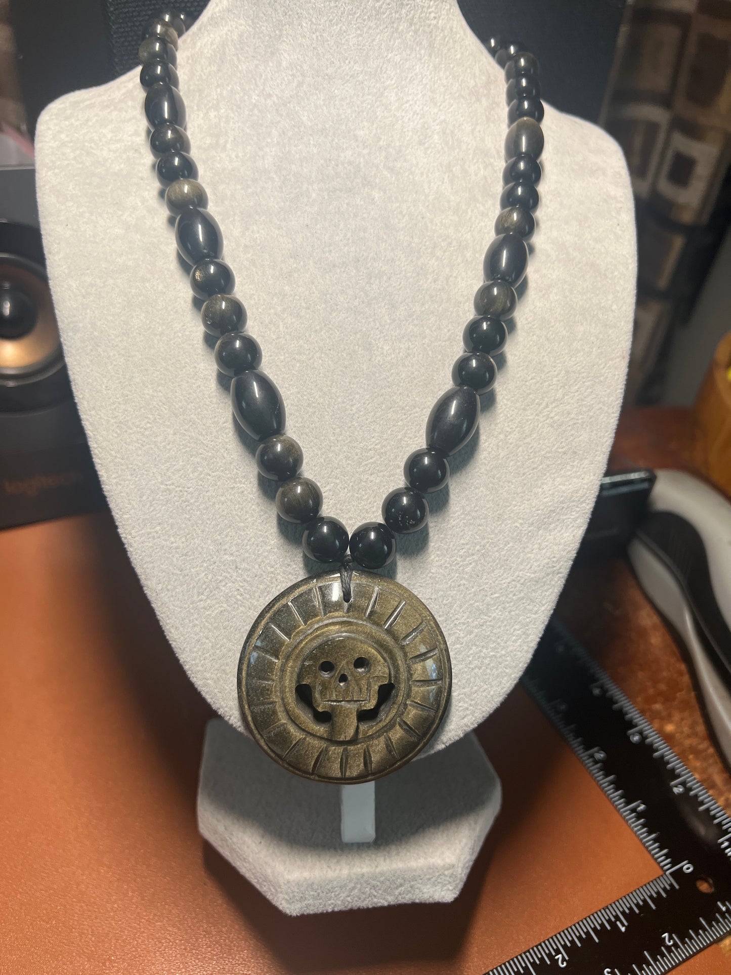 Gold Sheen Obsidian Full Circle Piedra De Muerte Pendant Beaded Necklace, The Stone of Death, Mictlantecuhtli, Handmade, Mexico, Prehispanic Jewelry (#16)