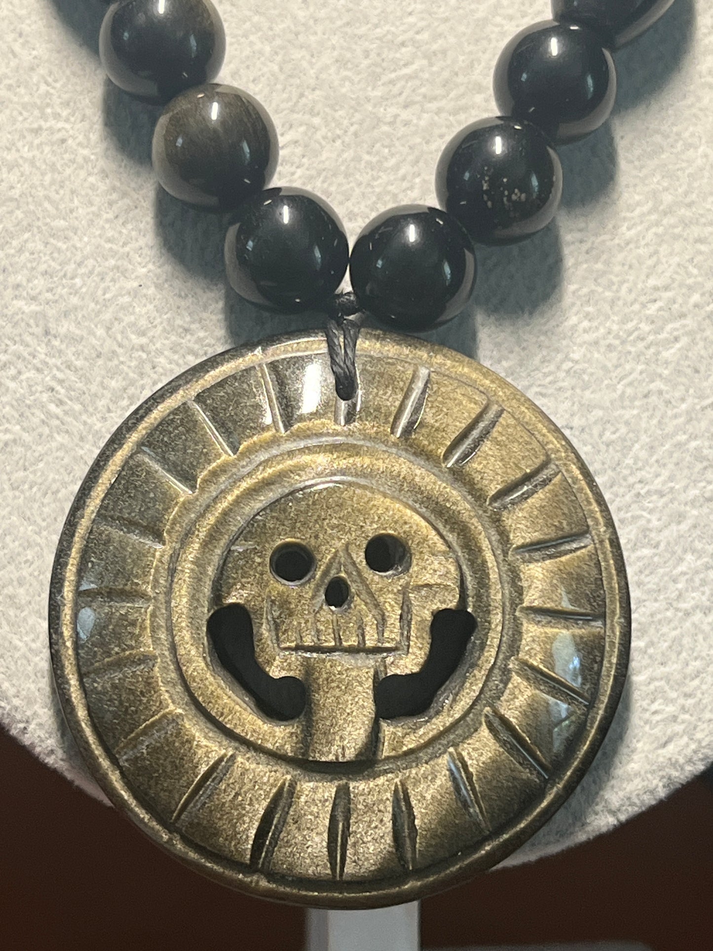 Gold Sheen Obsidian Full Circle Piedra De Muerte Pendant Beaded Necklace, The Stone of Death, Mictlantecuhtli, Handmade, Mexico, Prehispanic Jewelry (#16)