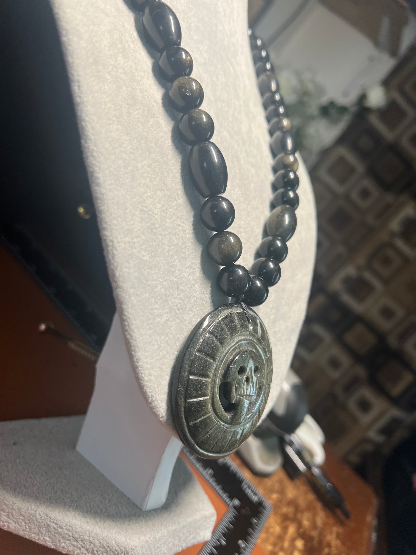 Gold Sheen Obsidian Full Circle Piedra De Muerte Pendant Beaded Necklace, The Stone of Death, Mictlantecuhtli, Handmade, Mexico, Prehispanic Jewelry (#16)