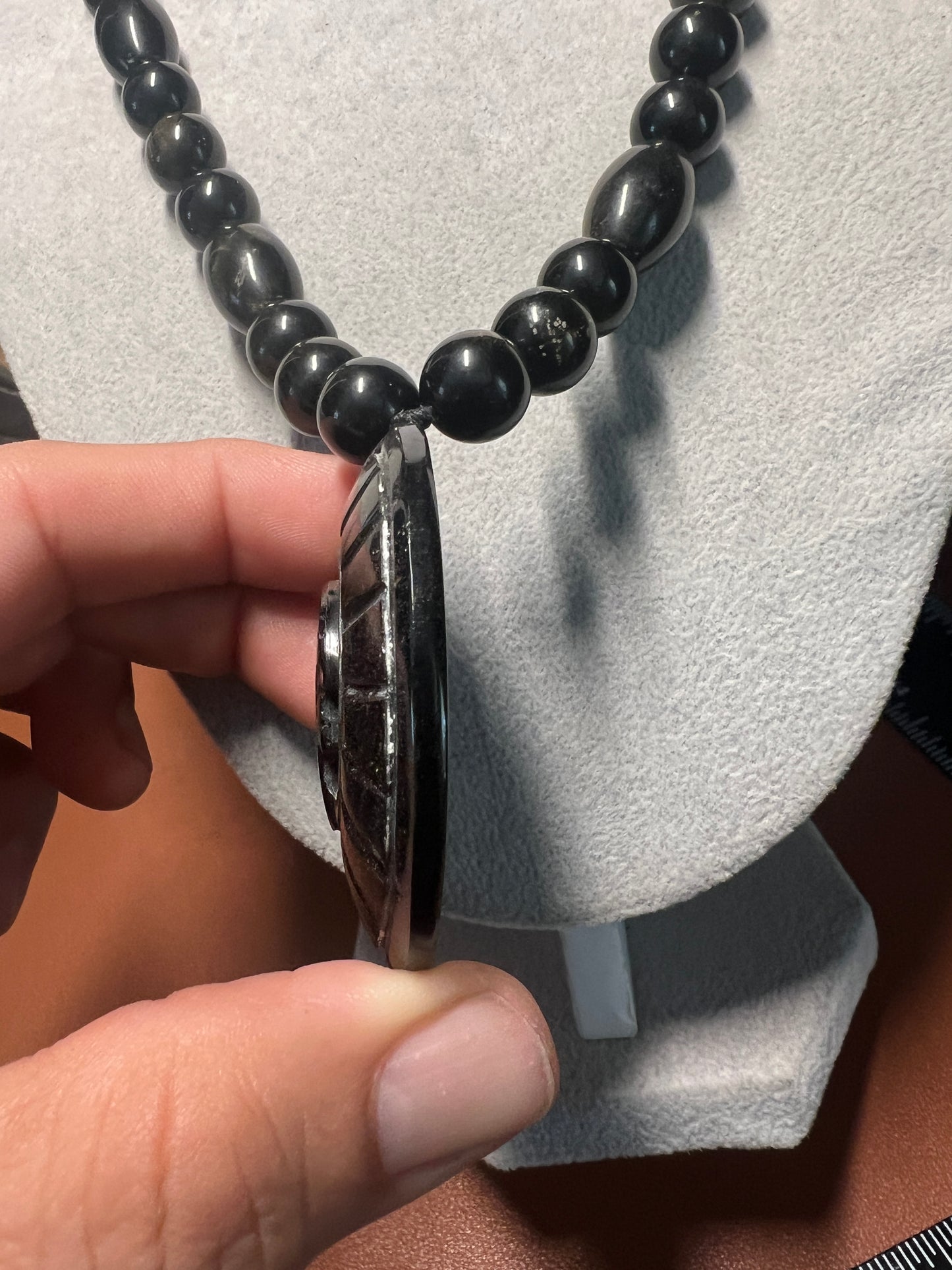 Gold Sheen Obsidian Full Circle Piedra De Muerte Pendant Beaded Necklace, The Stone of Death, Mictlantecuhtli, Handmade, Mexico, Prehispanic Jewelry (#16)