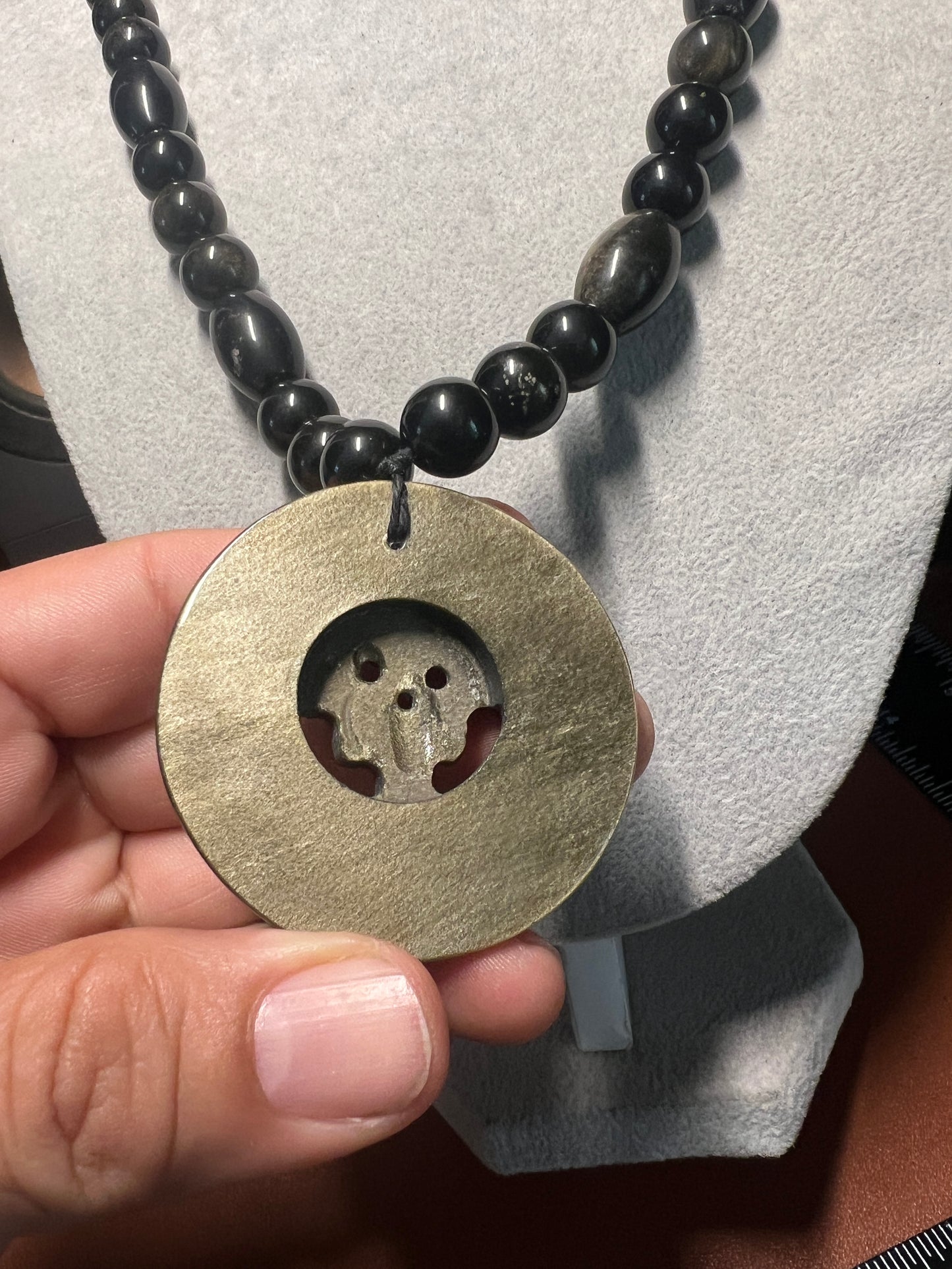 Gold Sheen Obsidian Full Circle Piedra De Muerte Pendant Beaded Necklace, The Stone of Death, Mictlantecuhtli, Handmade, Mexico, Prehispanic Jewelry (#16)