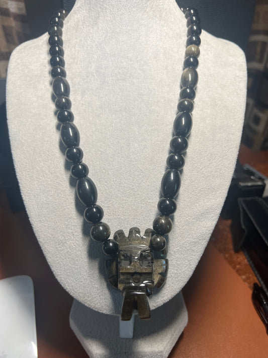 Quetzalcoatl Kukulkan Gold Sheen Obsidian Beaded Pendant Necklace, Mexico (#17)