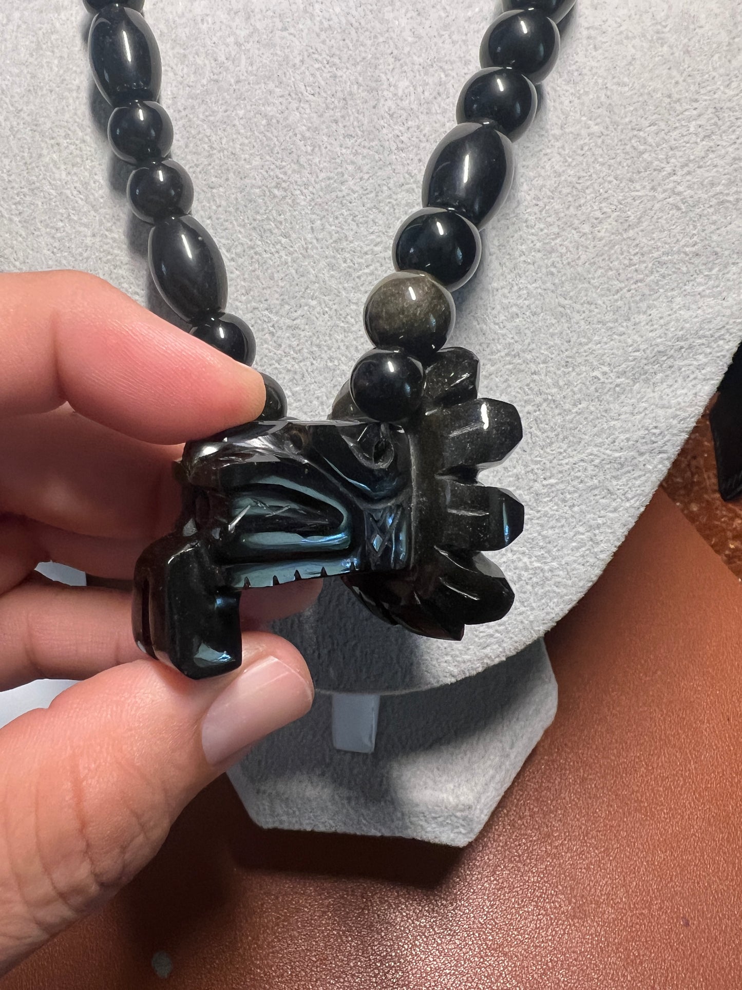 Quetzalcoatl Kukulkan Gold Sheen Obsidian Beaded Pendant Necklace, Mexico (#17)