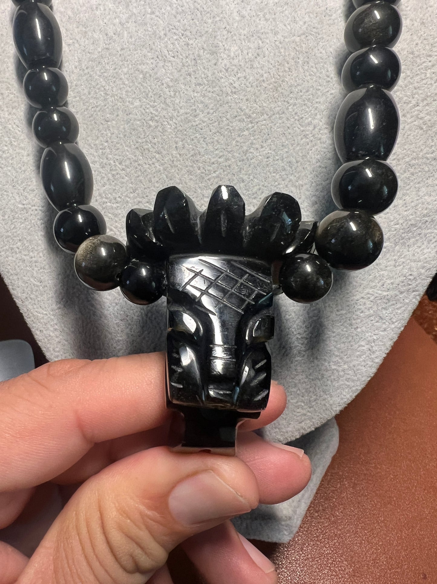Quetzalcoatl Kukulkan Gold Sheen Obsidian Beaded Pendant Necklace, Mexico (#17)
