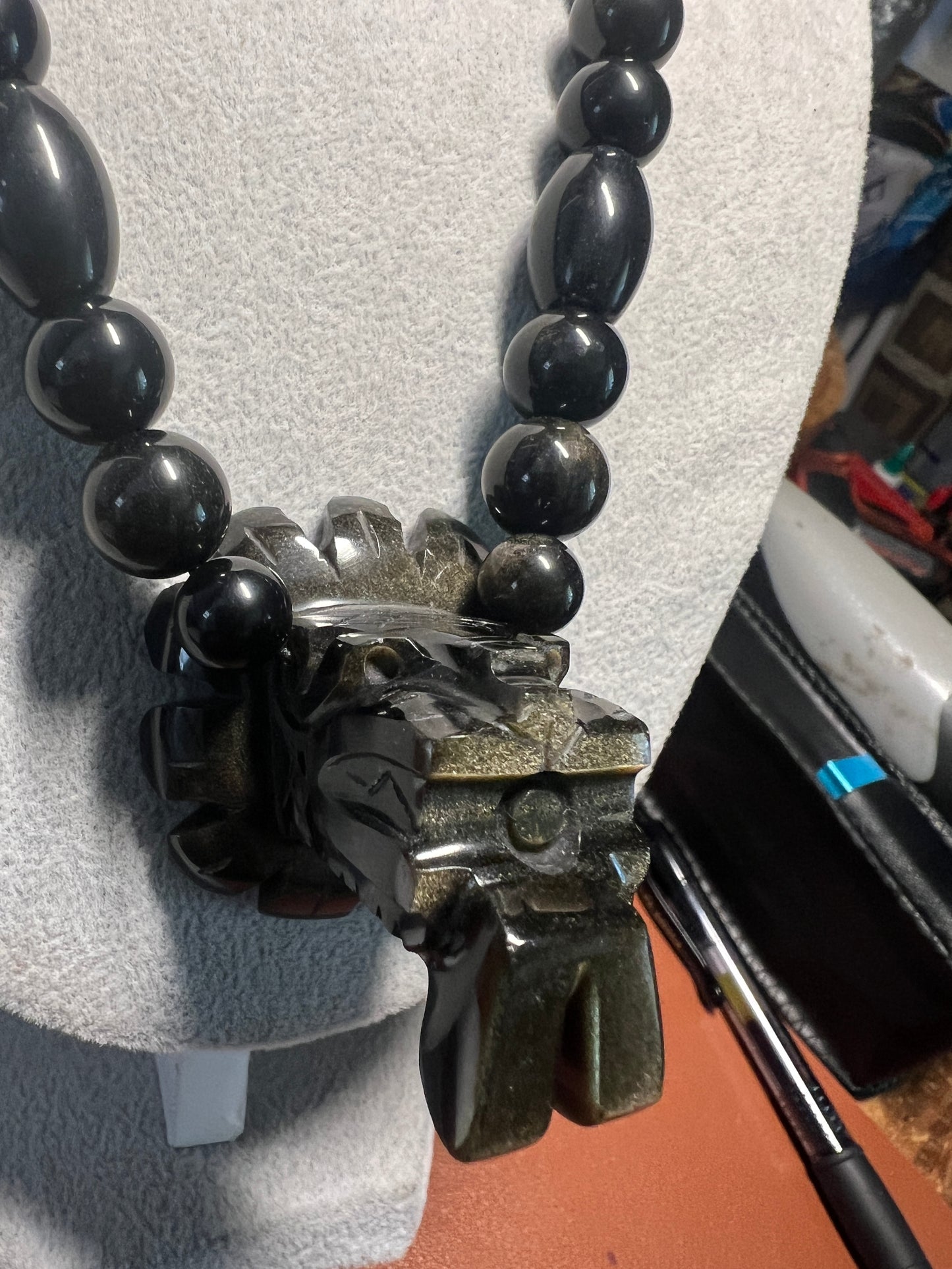 Quetzalcoatl Kukulkan Gold Sheen Obsidian Beaded Pendant Necklace, Mexico (#17)