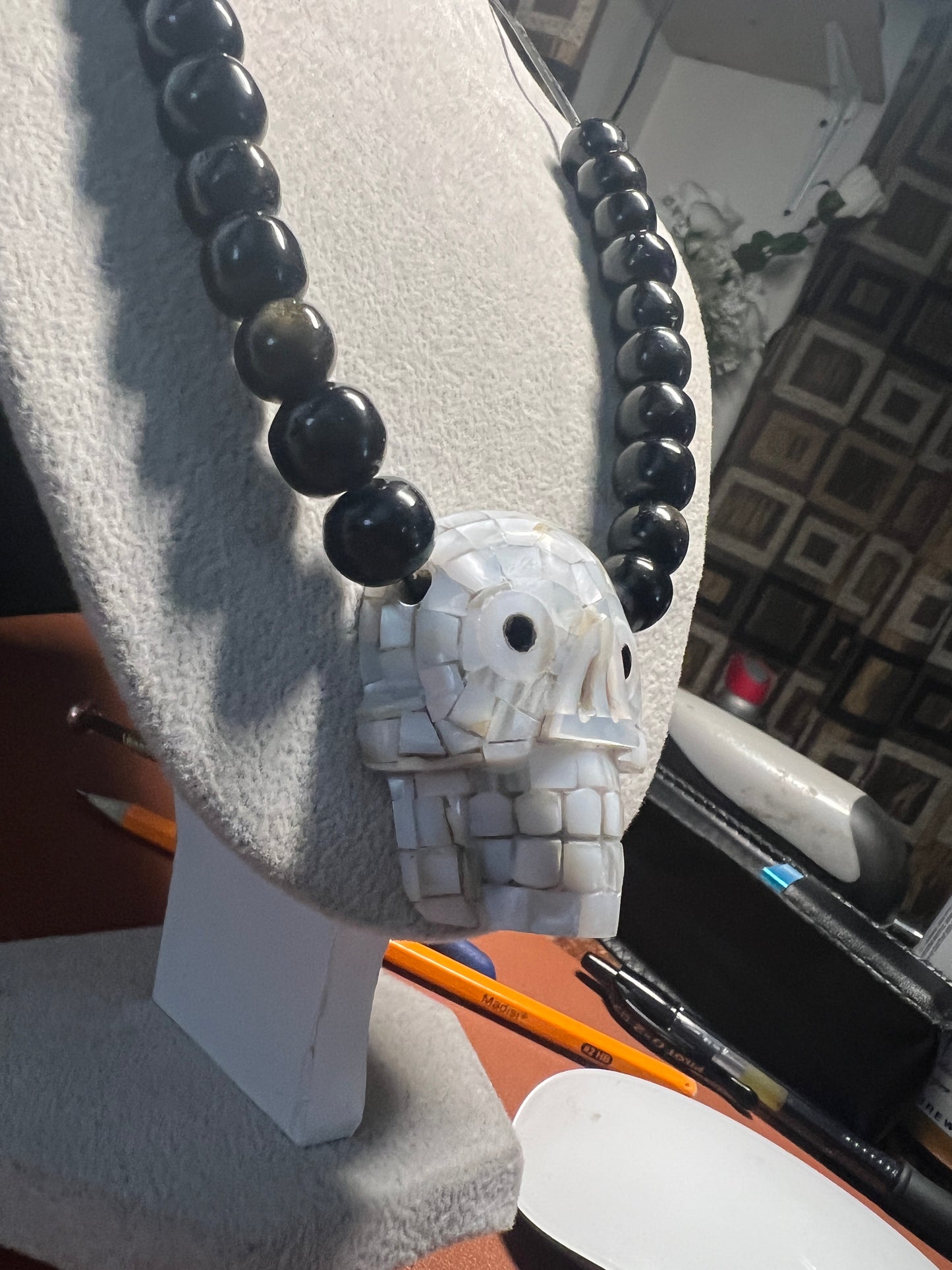 White Skull Pendant, Mictlantecuhtli, Mother of Pear Obsidian, Necklace (#17)