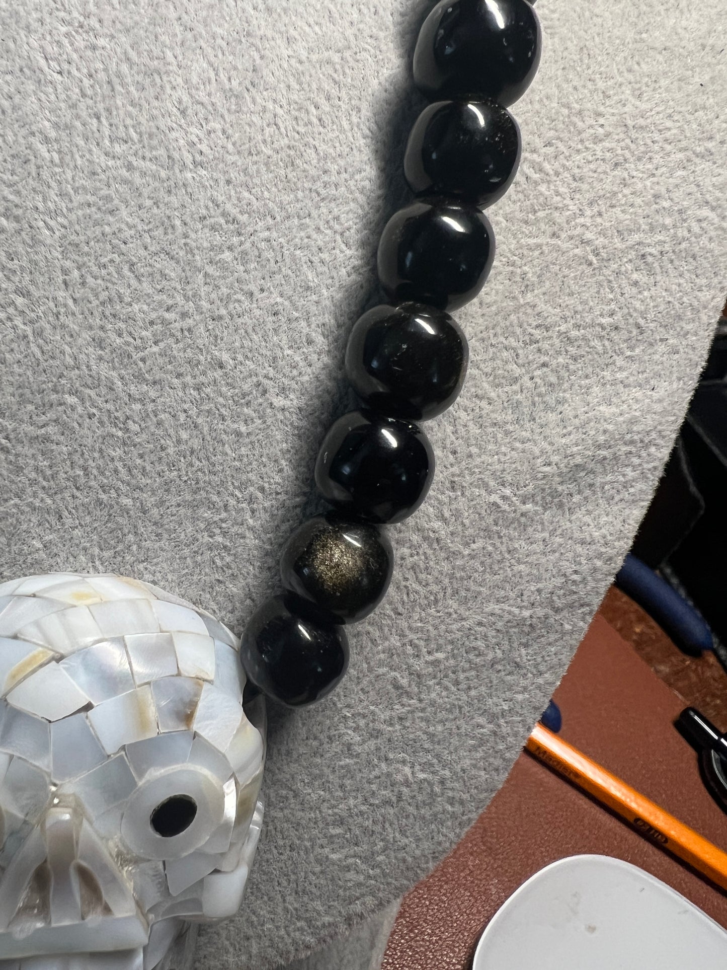 White Skull Pendant, Mictlantecuhtli, Mother of Pear Obsidian, Necklace (#17)