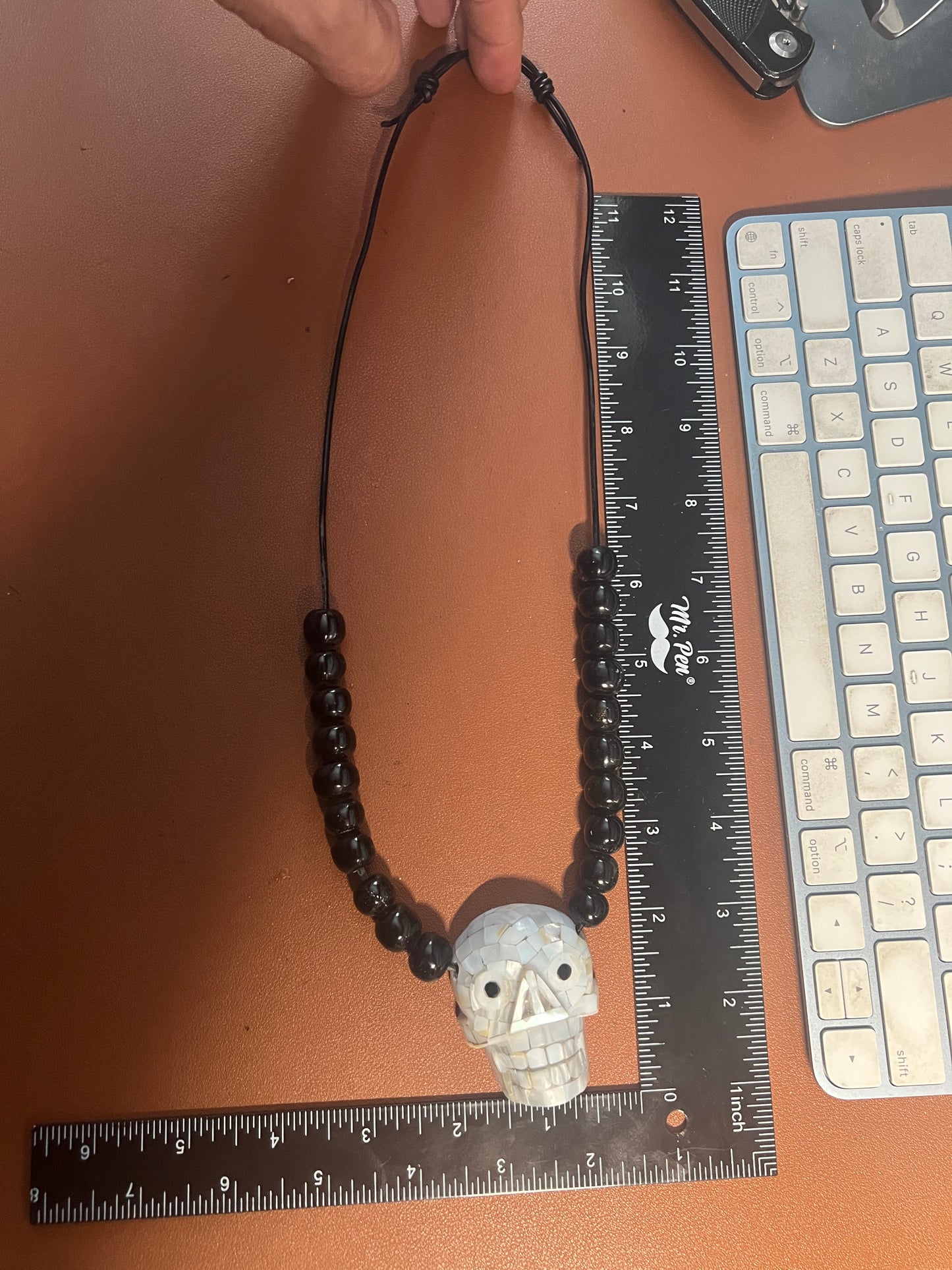 White Skull Pendant, Mictlantecuhtli, Mother of Pear Obsidian, Necklace (#17)