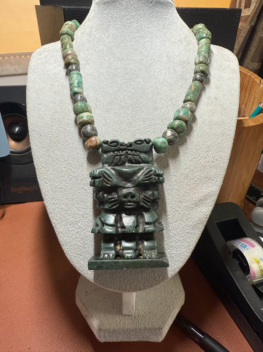 Serpentine Aztec Coatlicue Necklace, Parakeet Jade Beads Mexico #H