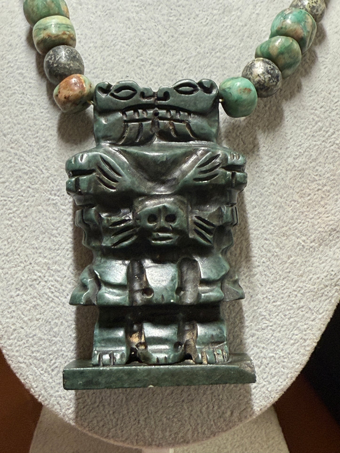 Serpentine Aztec Coatlicue Necklace, Parakeet Jade Beads Mexico #H