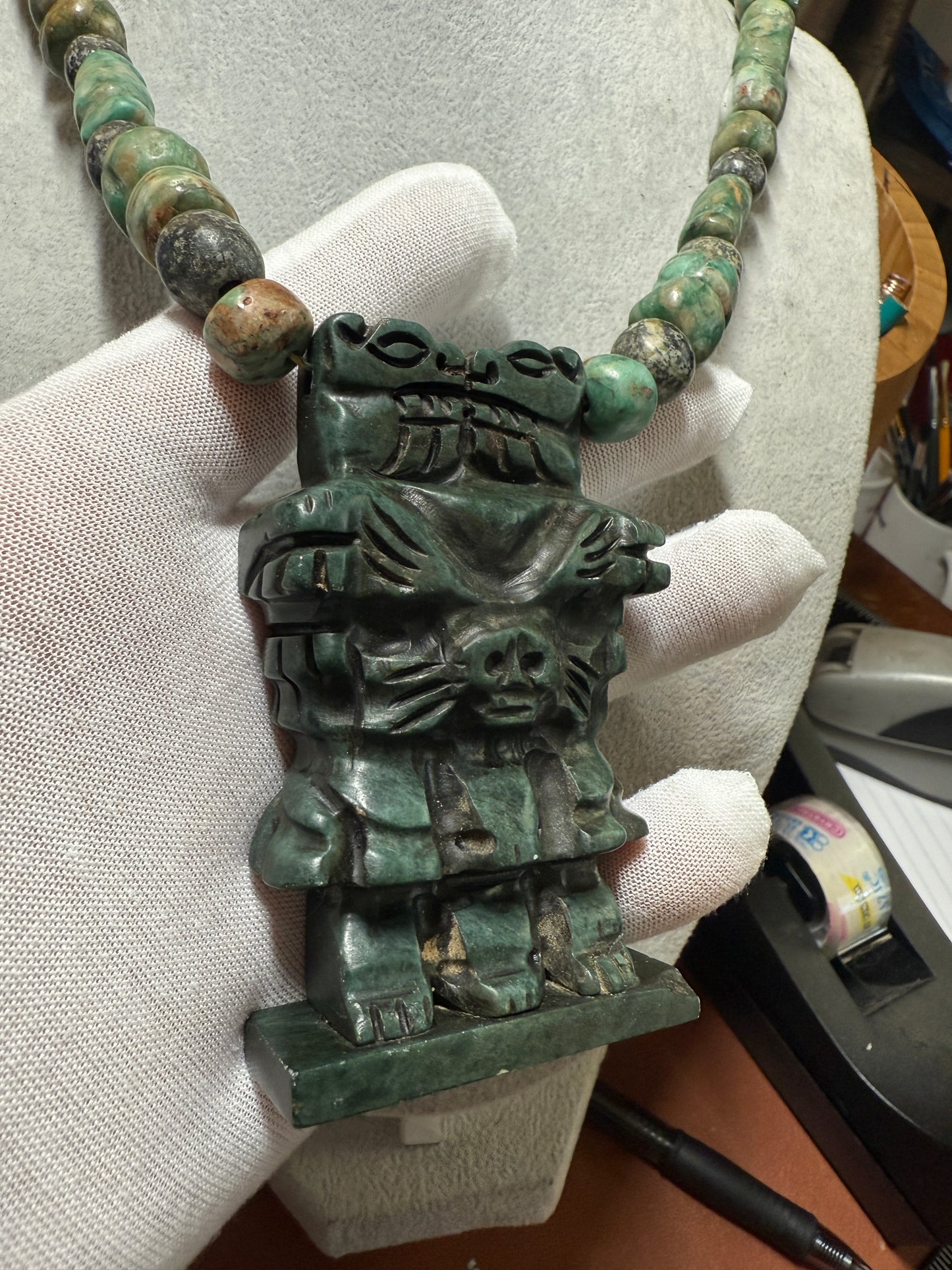 Serpentine Aztec Coatlicue Necklace, Parakeet Jade Beads Mexico #H