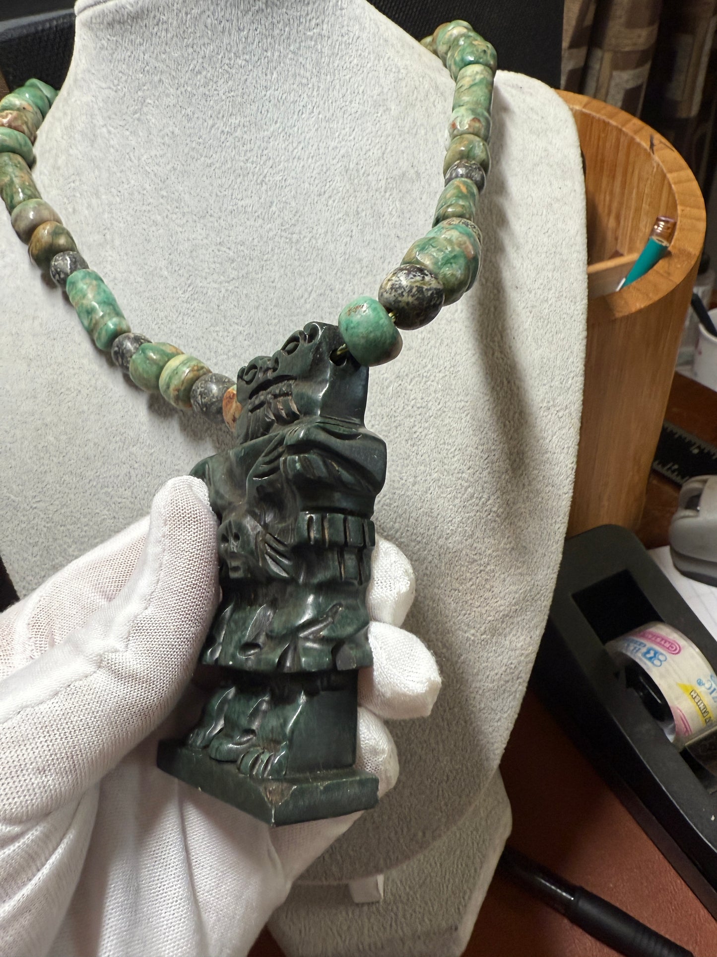 Serpentine Aztec Coatlicue Necklace, Parakeet Jade Beads Mexico #H
