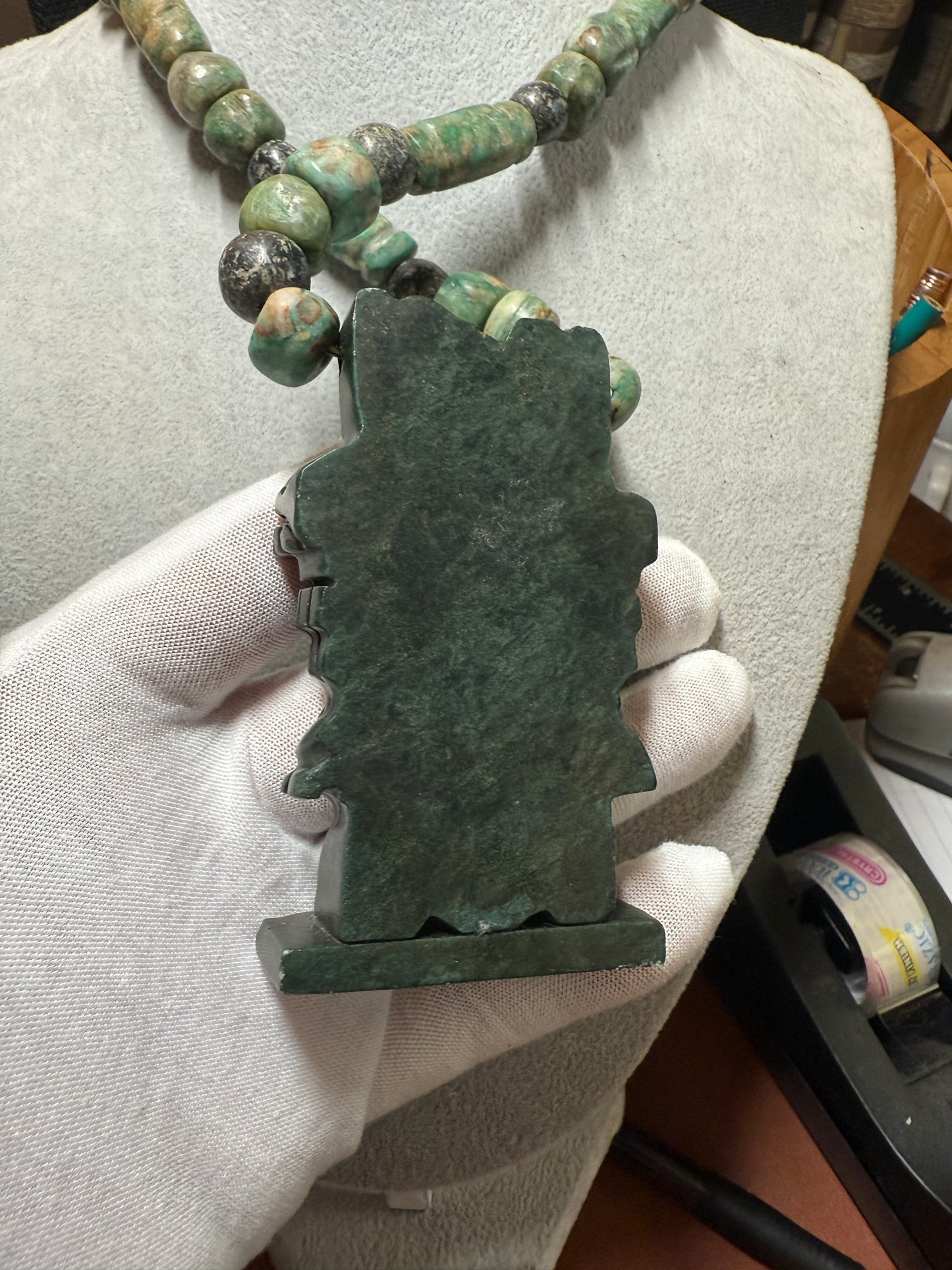 Serpentine Aztec Coatlicue Necklace, Parakeet Jade Beads Mexico #H