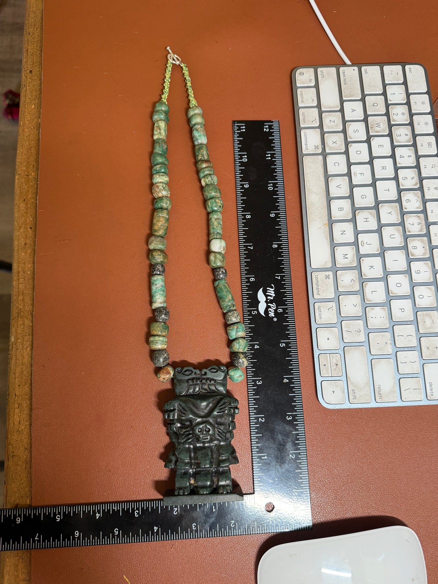 Serpentine Aztec Coatlicue Necklace, Parakeet Jade Beads Mexico #H
