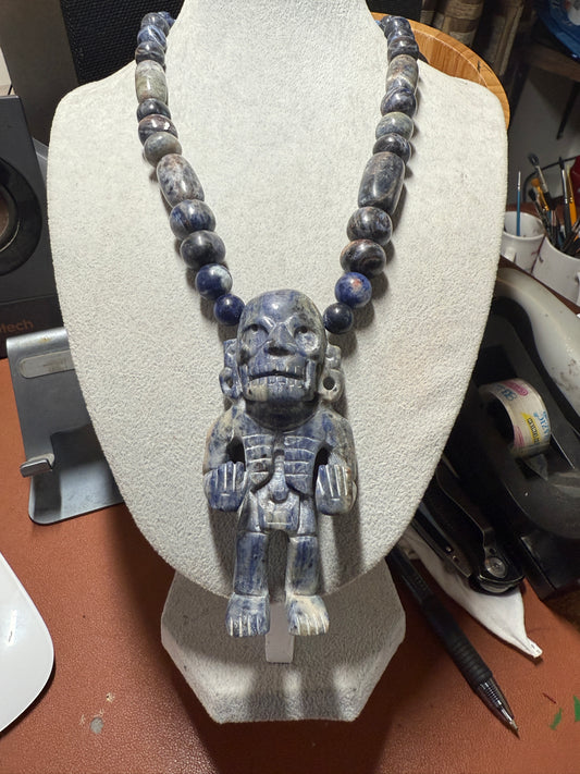 Blue Sodalite Mictlantecuhtli Statue Pendant Necklace Mexican Aztec #H