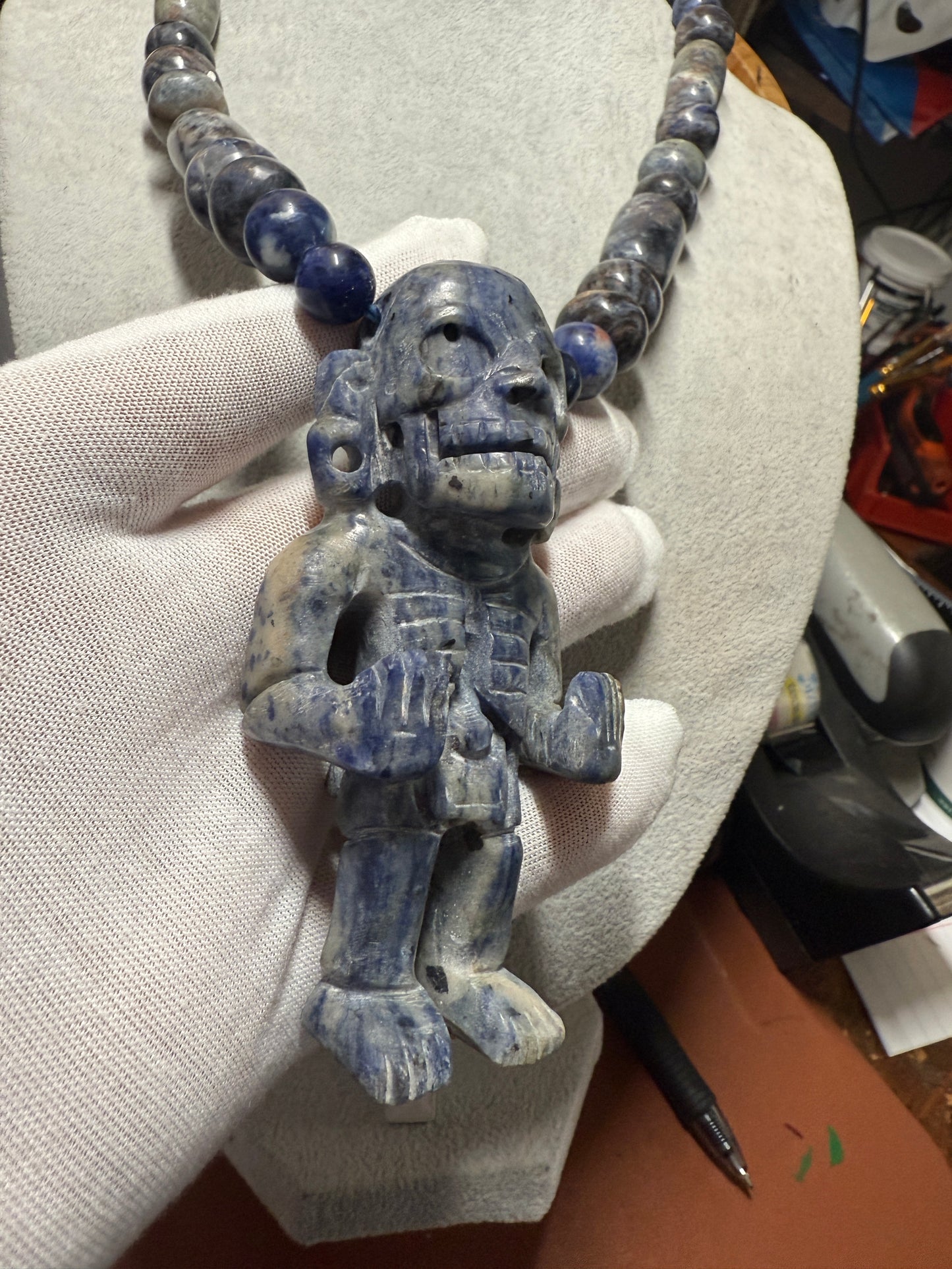 Blue Sodalite Mictlantecuhtli Statue Pendant Necklace Mexican Aztec #H