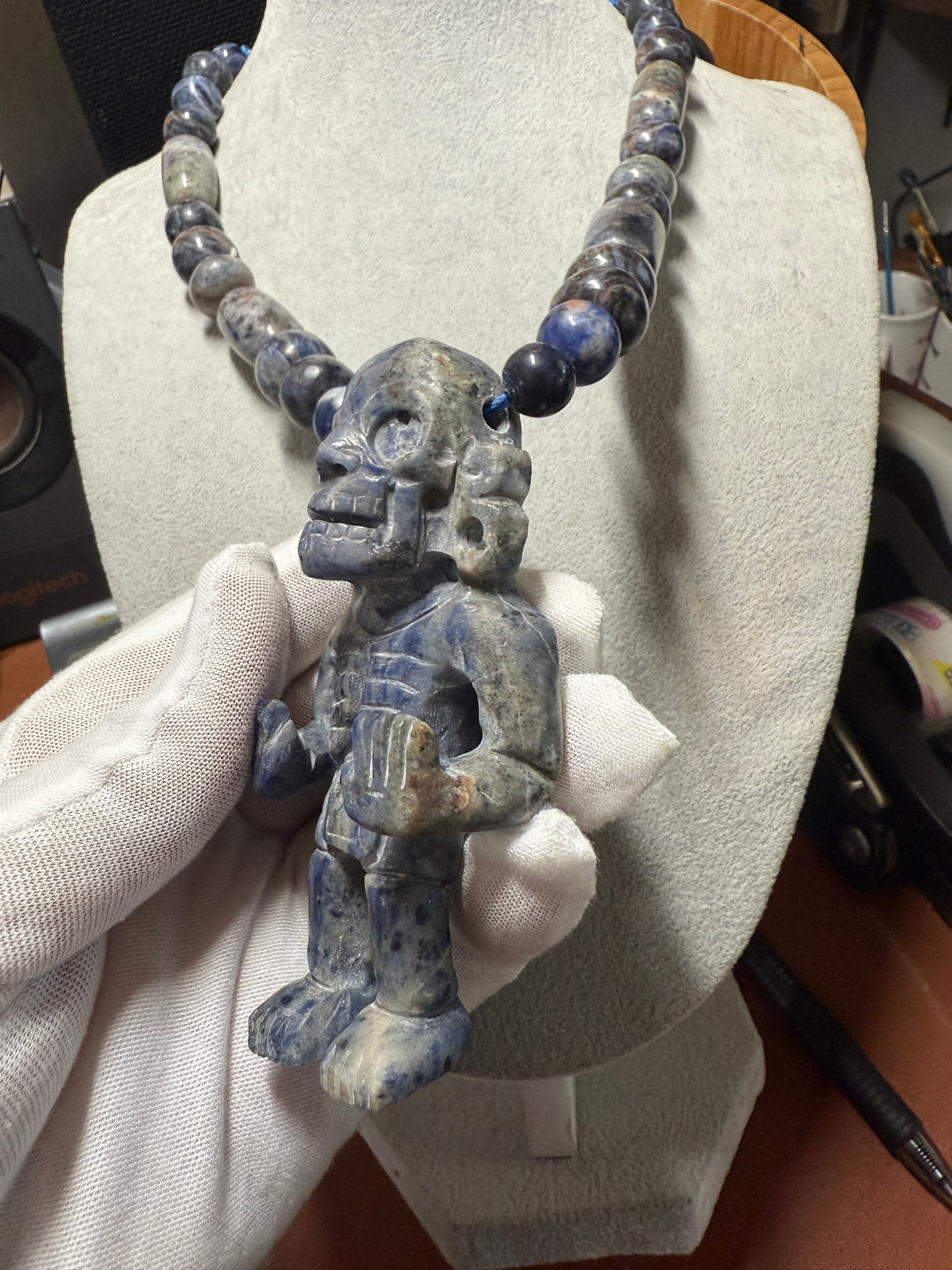 Blue Sodalite Mictlantecuhtli Statue Pendant Necklace Mexican Aztec #H