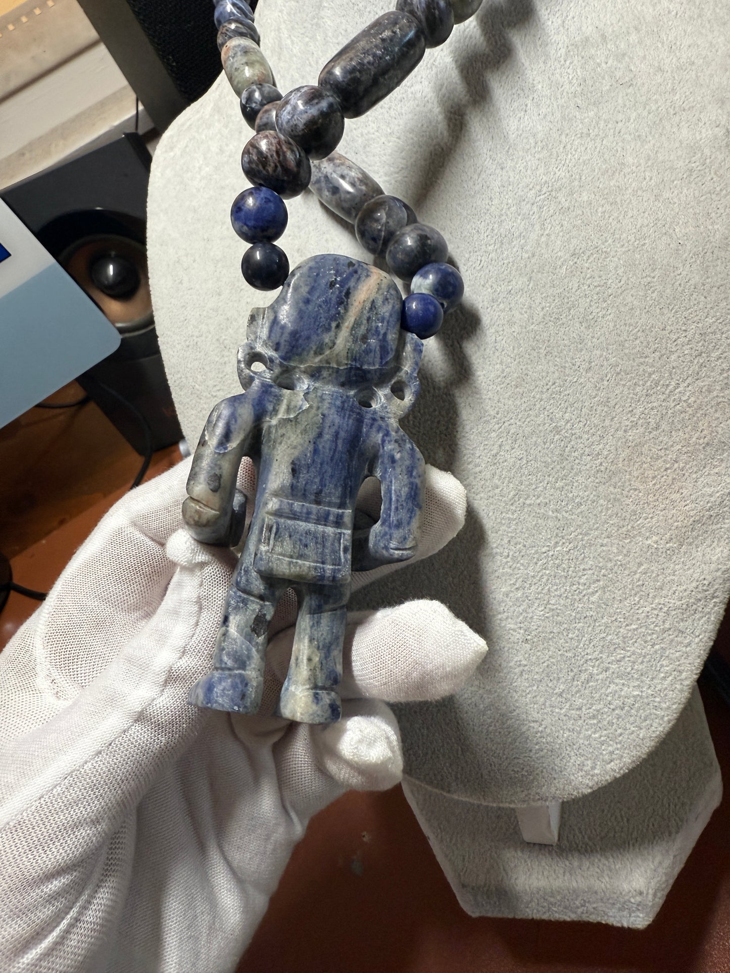 Blue Sodalite Mictlantecuhtli Statue Pendant Necklace Mexican Aztec #H