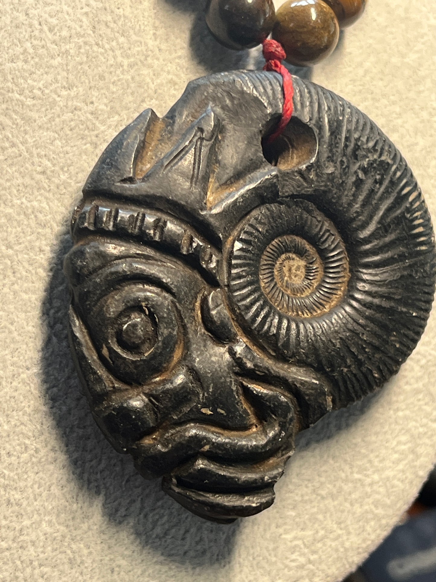 Tlaloc Aztec Rain God Carved Ammonite Fossil Necklace Ancient Mexican Mexico (W