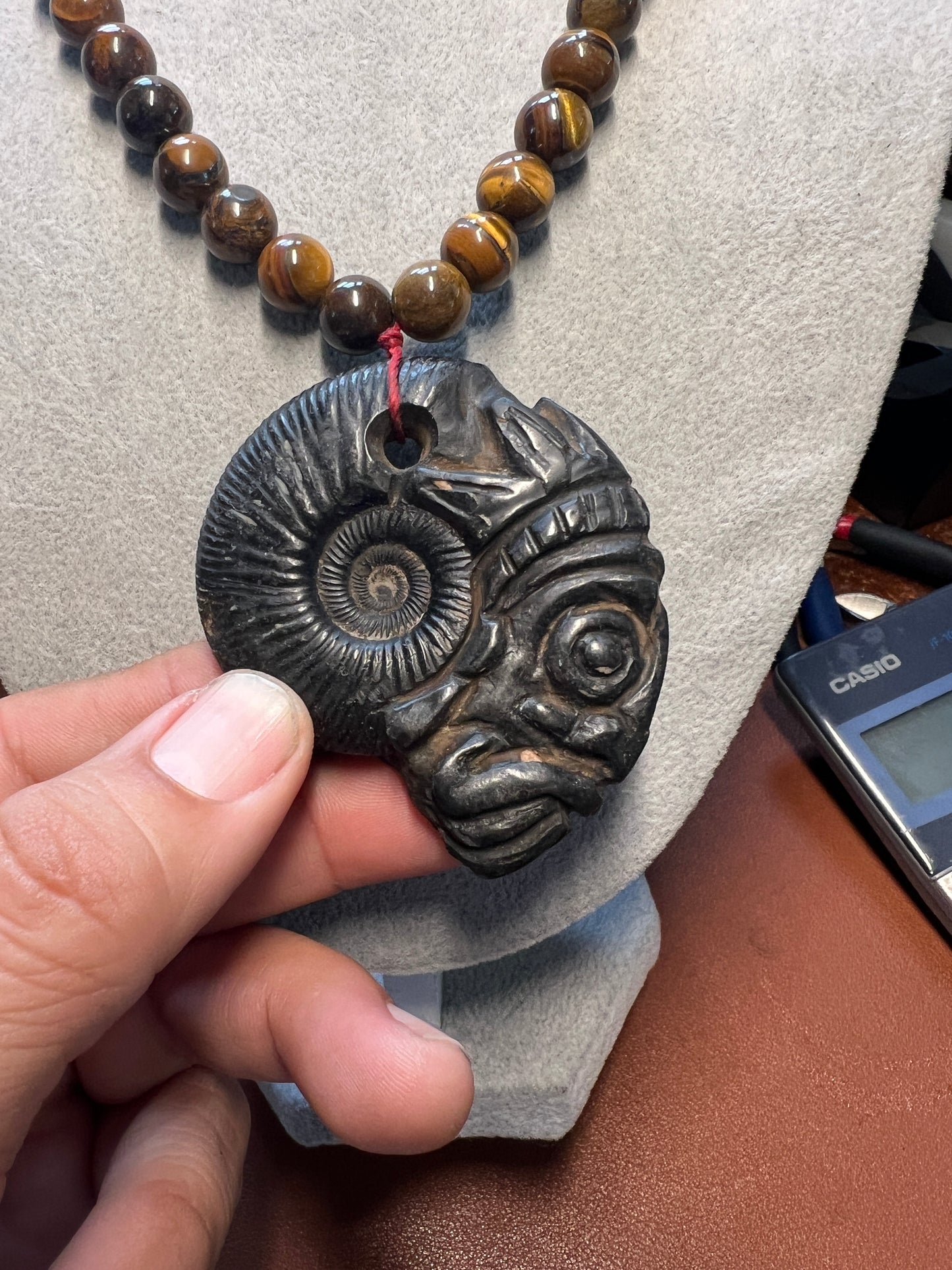 Tlaloc Aztec Rain God Carved Ammonite Fossil Necklace Ancient Mexican Mexico (W
