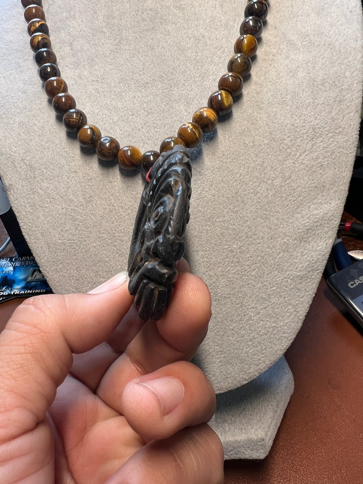 Tlaloc Aztec Rain God Carved Ammonite Fossil Necklace Ancient Mexican Mexico (W