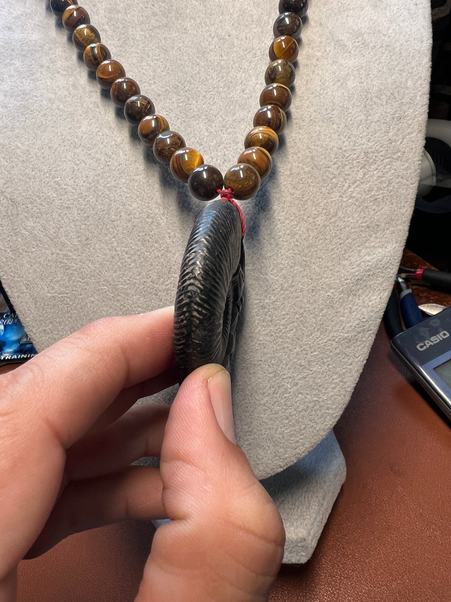 Tlaloc Aztec Rain God Carved Ammonite Fossil Necklace Ancient Mexican Mexico (W