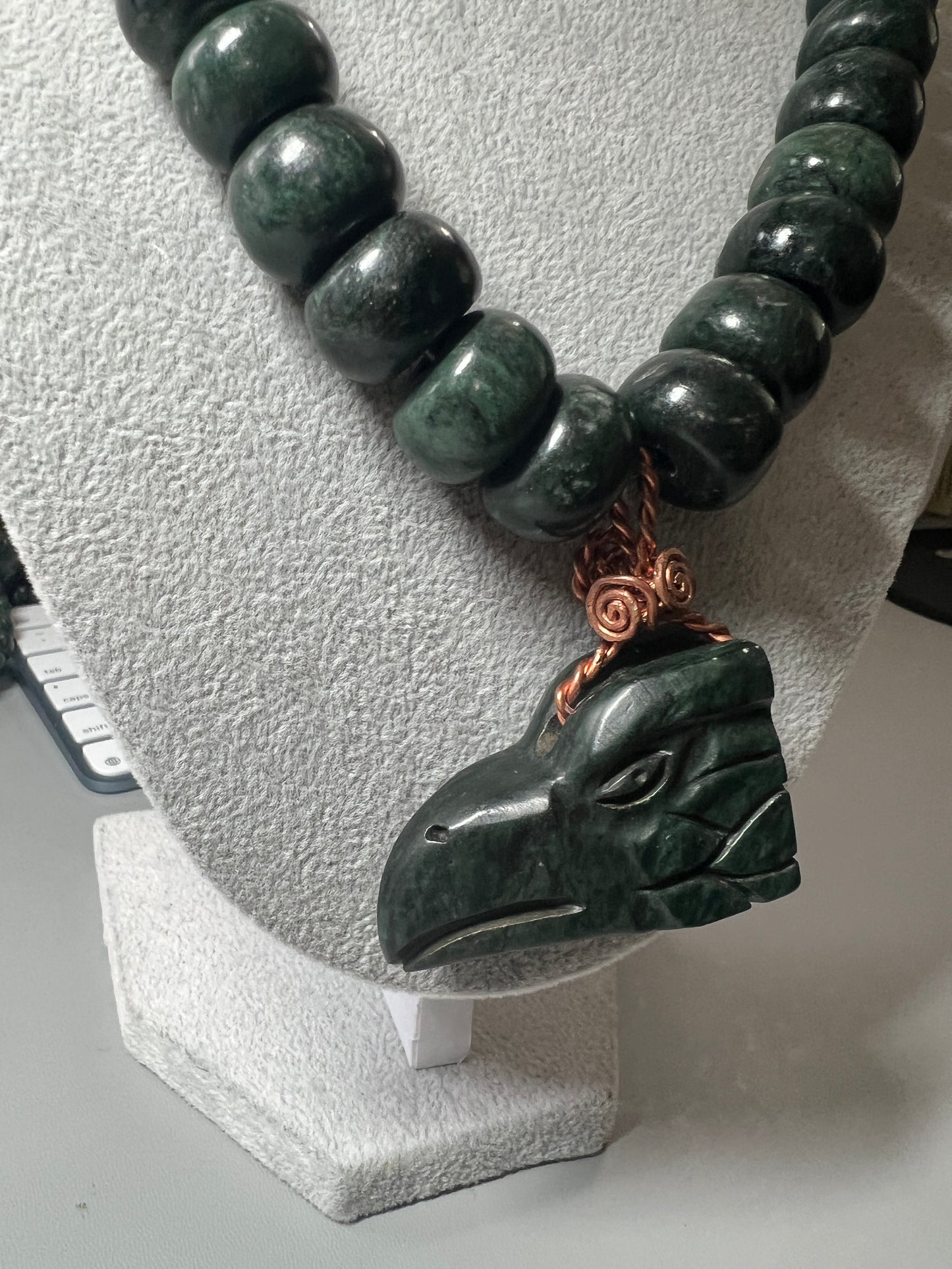 Mexican Eagle Jade Pendant Guatemalan Jade Beaded Necklace, Aztec, Aguila, Handmade in Mexico, Authentic, Chunky and Thick, Indigenous, Mexica Tribe, #15