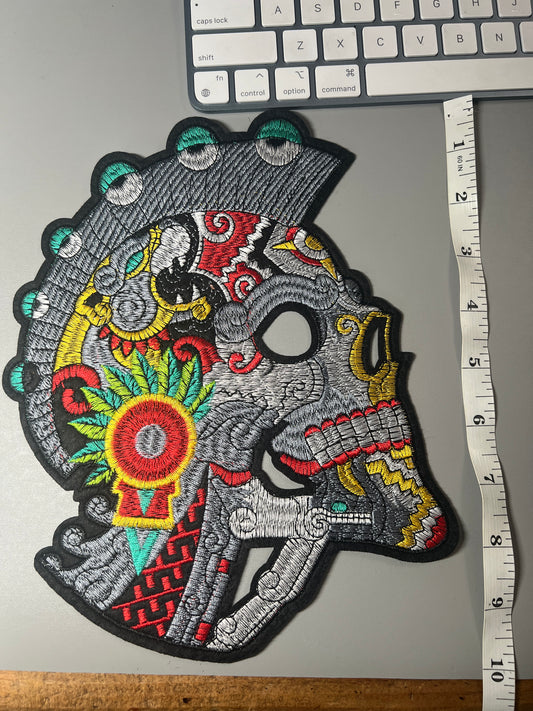 Aztec or Mayan Skull Warrior, Iron On Patch, 10" Day of the Dead, Dia De Muertos, Colorful Vibrant patch #27