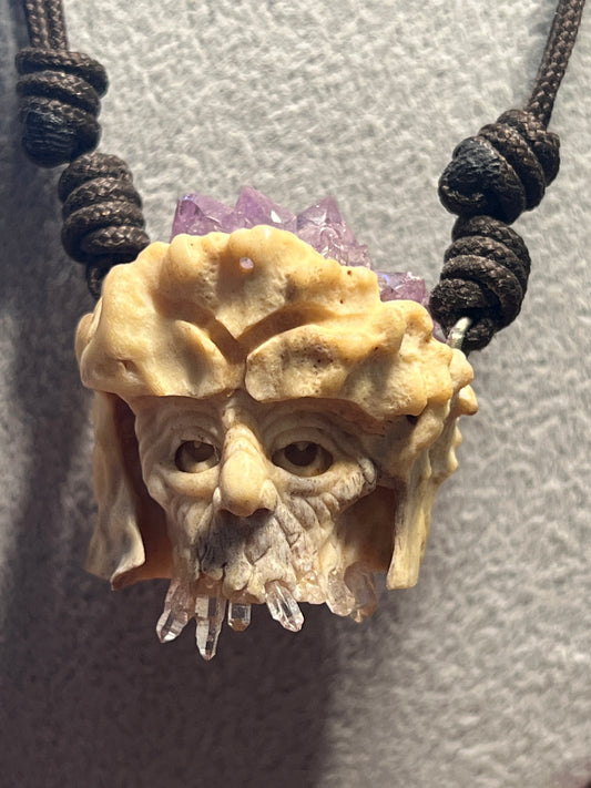 Old Wise Wizard Man Carved Pendant Necklace of Deer Antler and Crystals and Quartz (H)