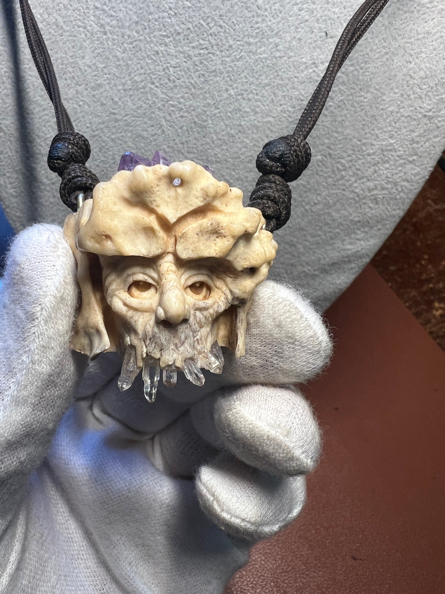 Old Wise Wizard Man Carved Pendant Necklace of Deer Antler and Crystals and Quartz (H)