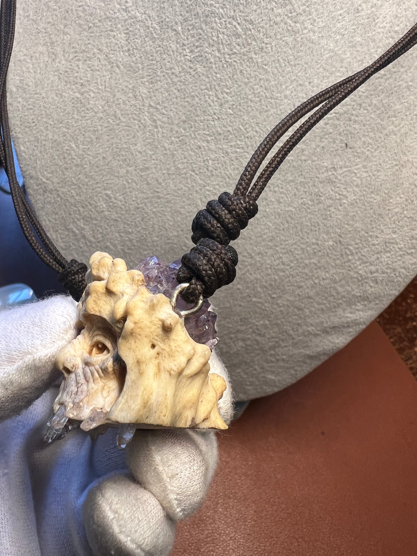 Old Wise Wizard Man Carved Pendant Necklace of Deer Antler and Crystals and Quartz (H)