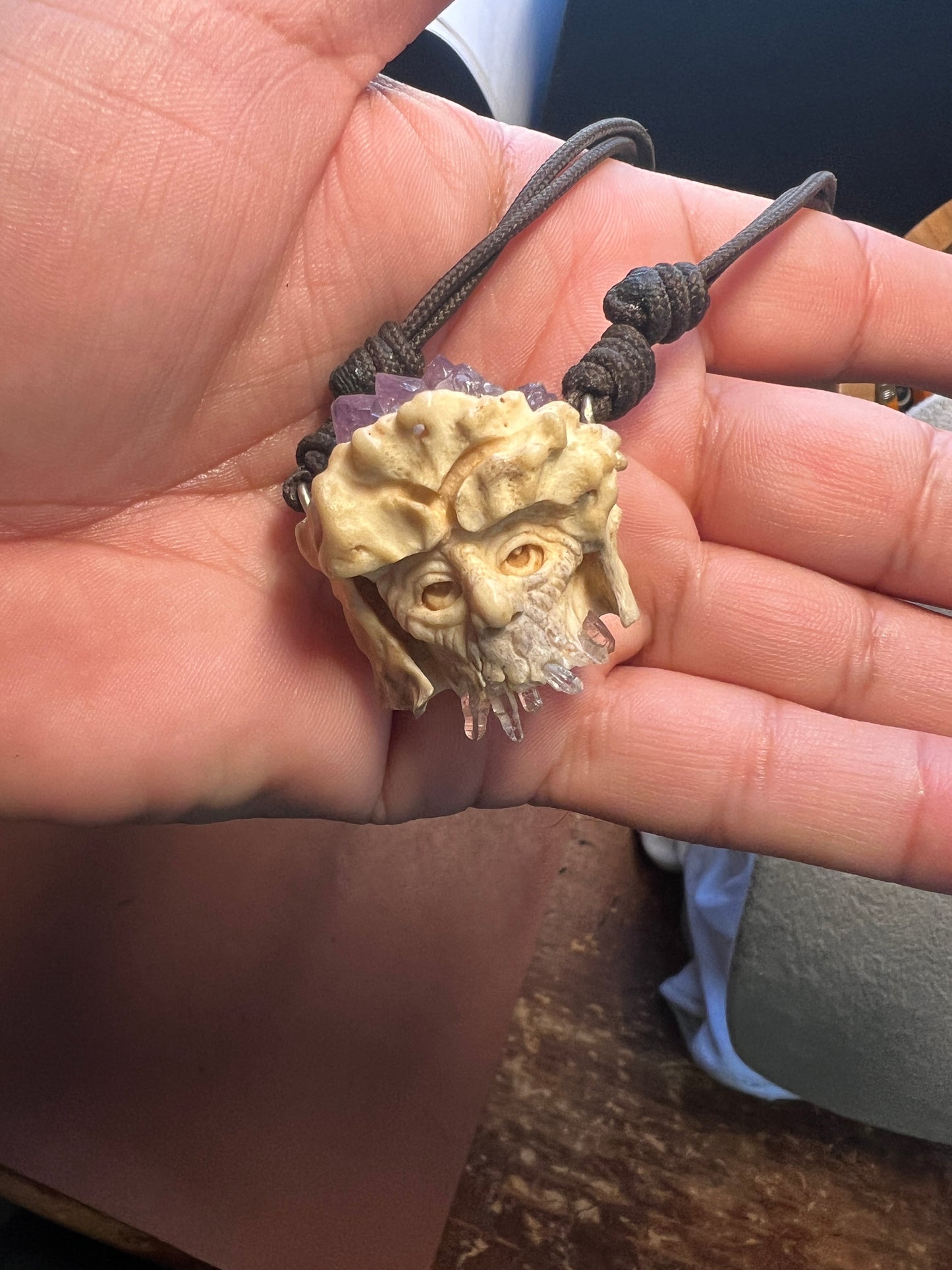 Old Wise Wizard Man Carved Pendant Necklace of Deer Antler and Crystals and Quartz (H)