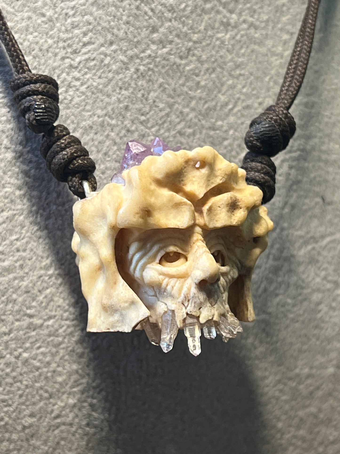 Old Wise Wizard Man Carved Pendant Necklace of Deer Antler and Crystals and Quartz (H)