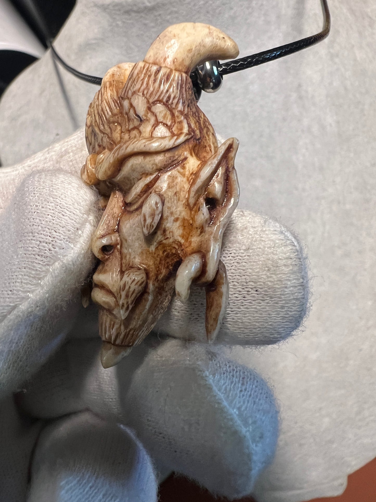 Devil Satan Lucifer Horned Pendant carved from Deer Antler from Mexico #H