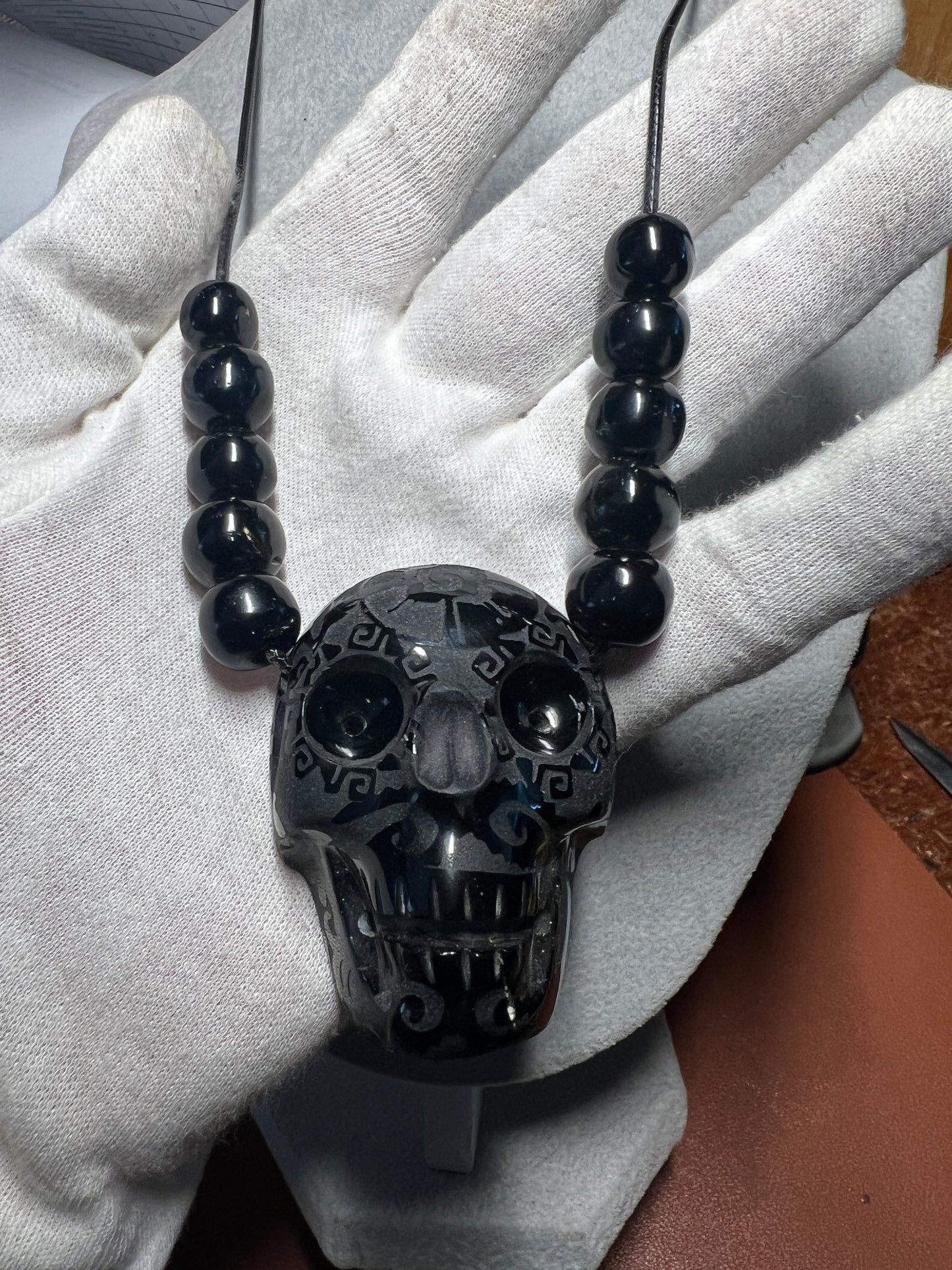 Black Obsidian Skull Pendant Mictlantecuhtli Ometeotl Hunab Ku Mexica #36