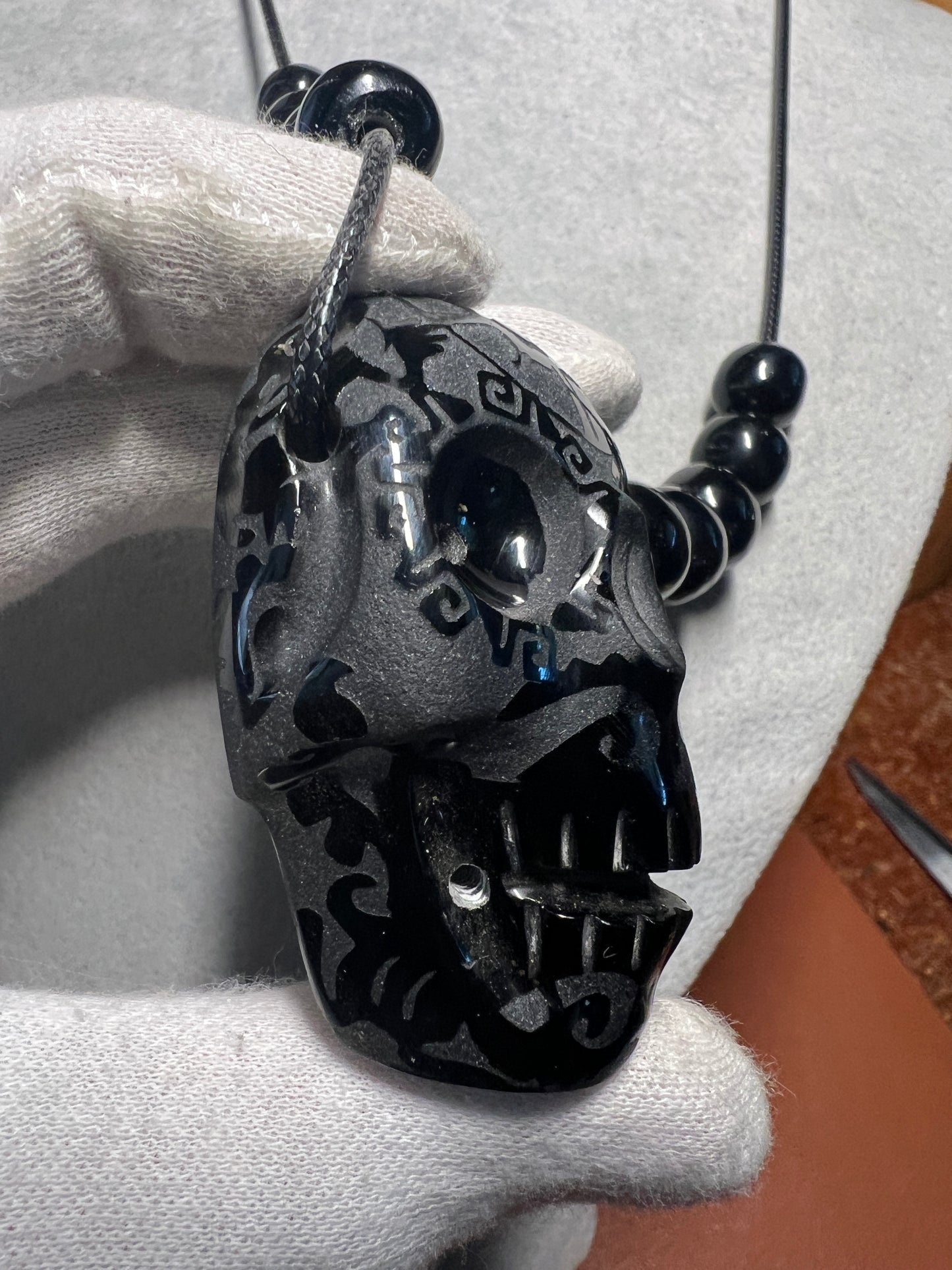 Black Obsidian Skull Pendant Mictlantecuhtli Ometeotl Hunab Ku Mexica #36
