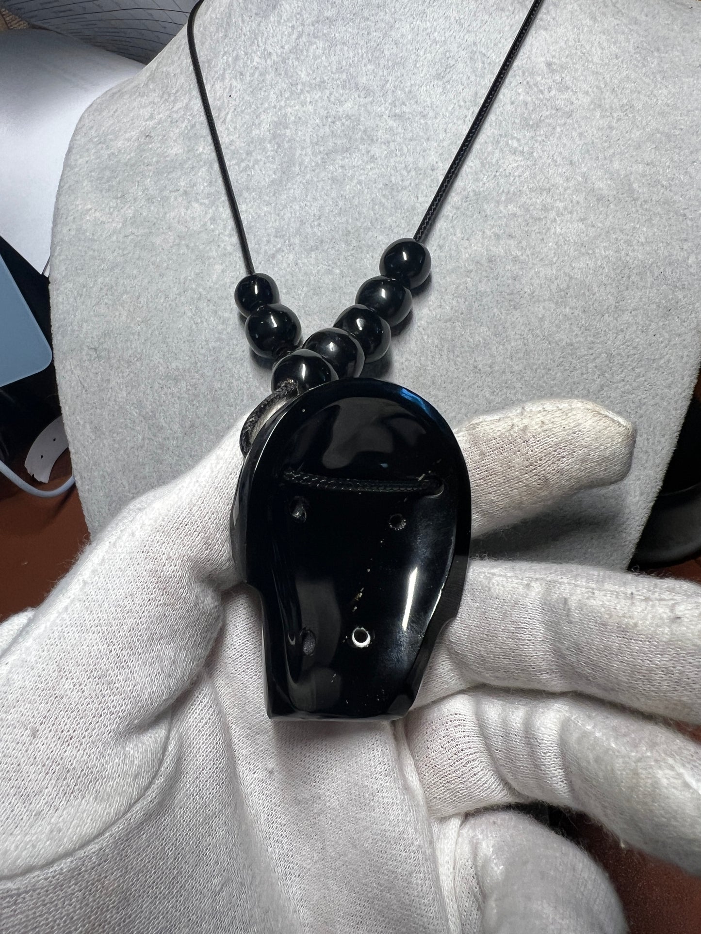 Black Obsidian Skull Pendant Mictlantecuhtli Ometeotl Hunab Ku Mexica #36