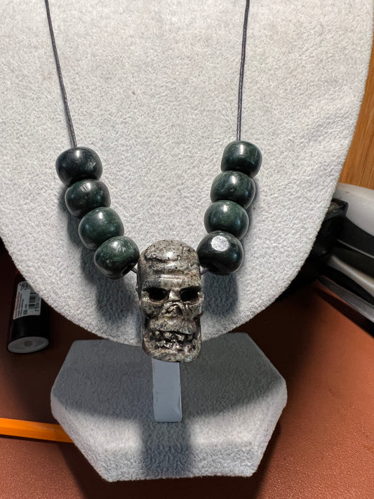 Stone Skull Pendant Necklace, Guatemalan Marble Beads, Handmade, Mexico, Tribal (#2)