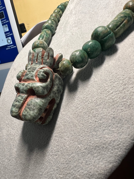 Granite Quetzalcoatl Feathered Serpent Pendant, Kukulkan Mayan Plumed Serpent Necklace Guatemalita Beads #17