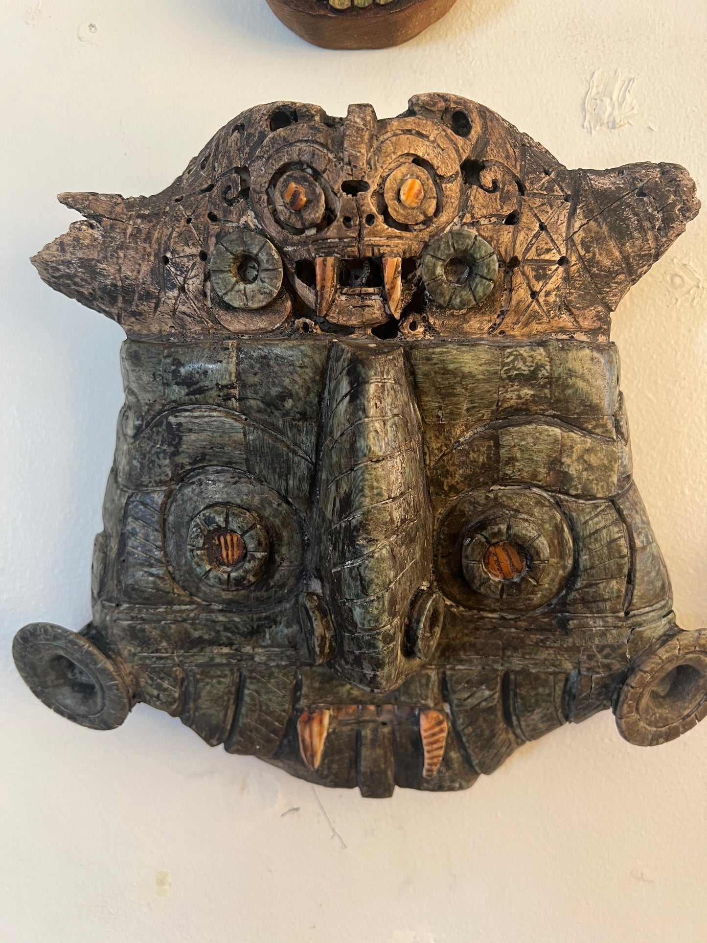 Tlaloc Aztec Rain God Wall Mosaic Art, Bull Skull, Coral, Granite, Handmade Mexico