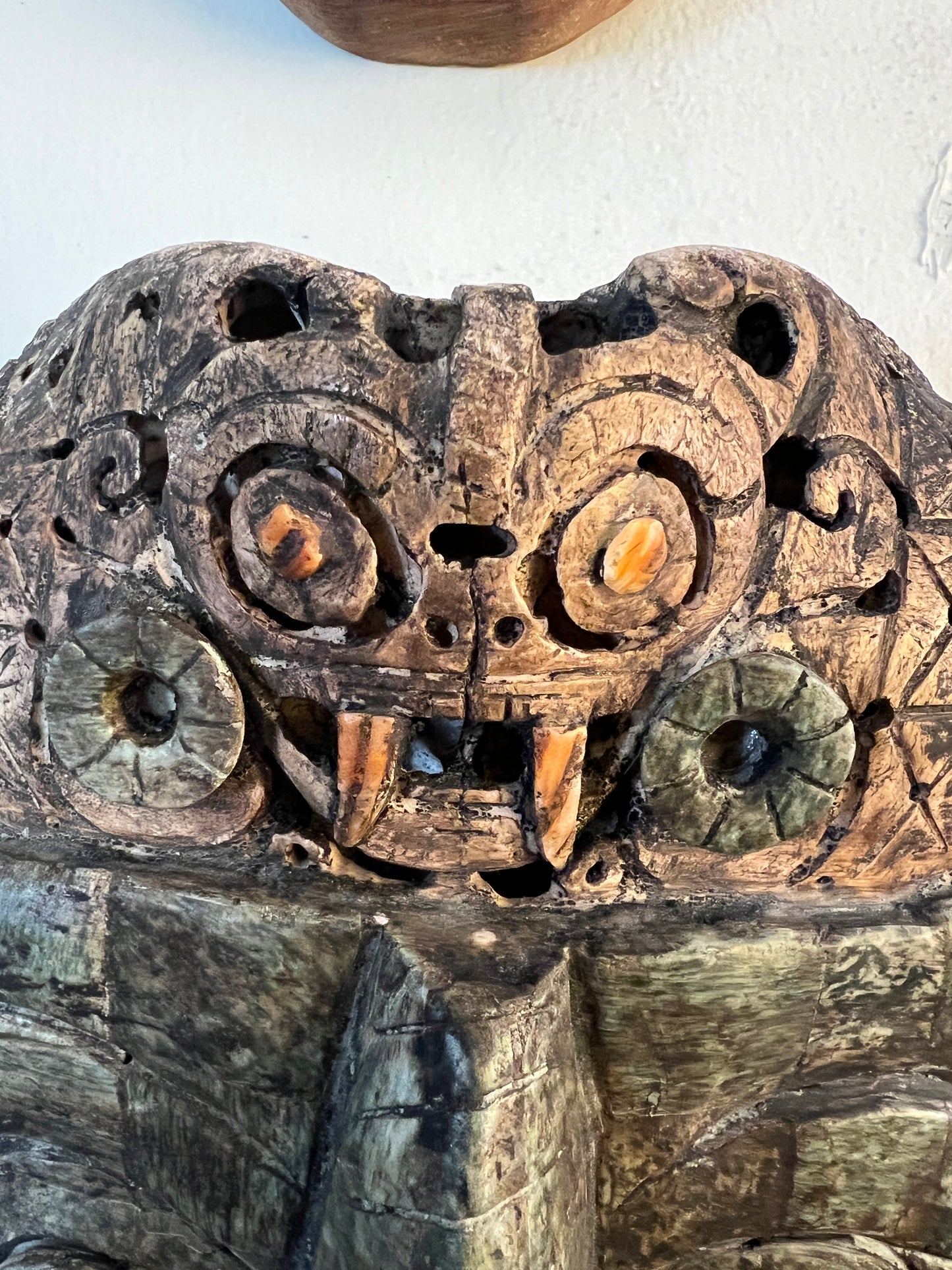Tlaloc Aztec Rain God Wall Mosaic Art, Bull Skull, Coral, Granite, Handmade Mexico
