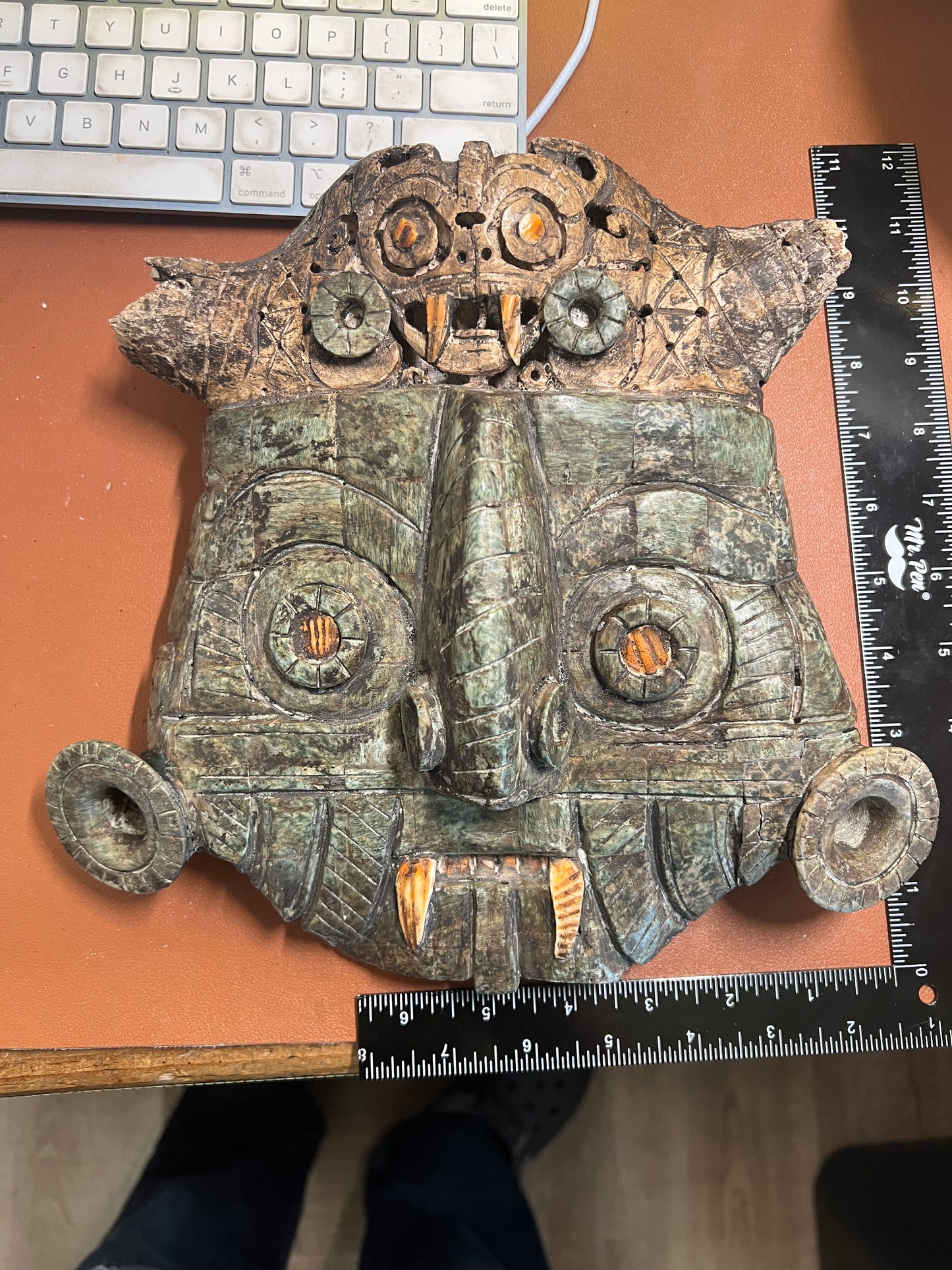 Tlaloc Aztec Rain God Wall Mosaic Art, Bull Skull, Coral, Granite, Handmade Mexico