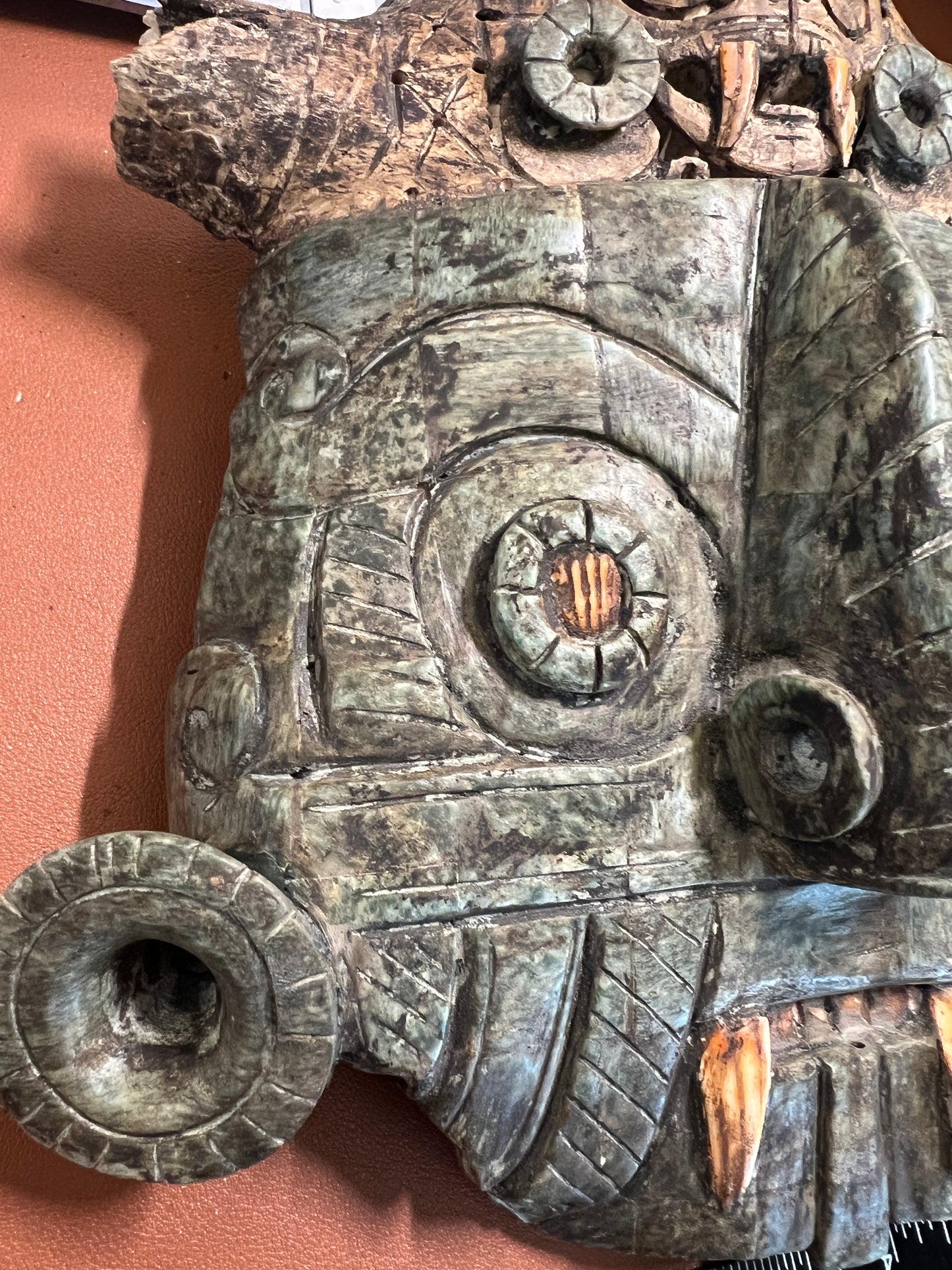 Tlaloc Aztec Rain God Wall Mosaic Art, Bull Skull, Coral, Granite, Handmade Mexico
