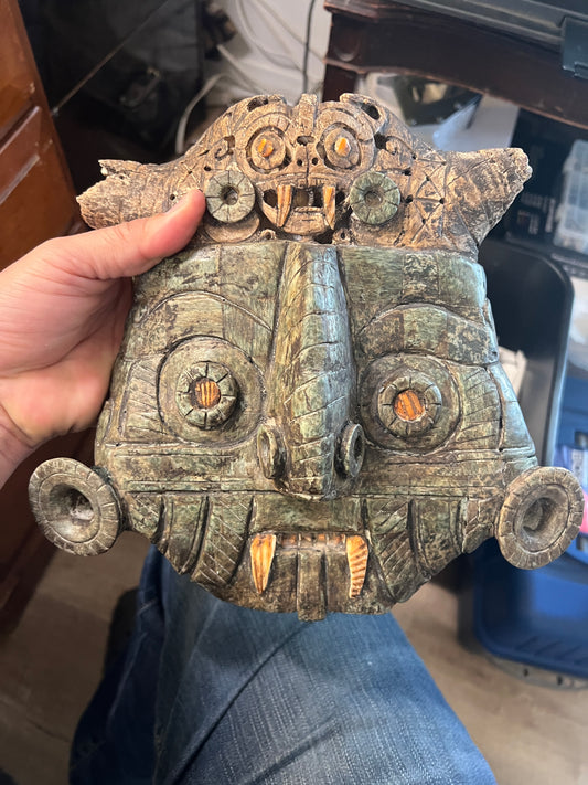 Tlaloc Aztec Rain God Wall Mosaic Art, Bull Skull, Coral, Granite, Handmade Mexico