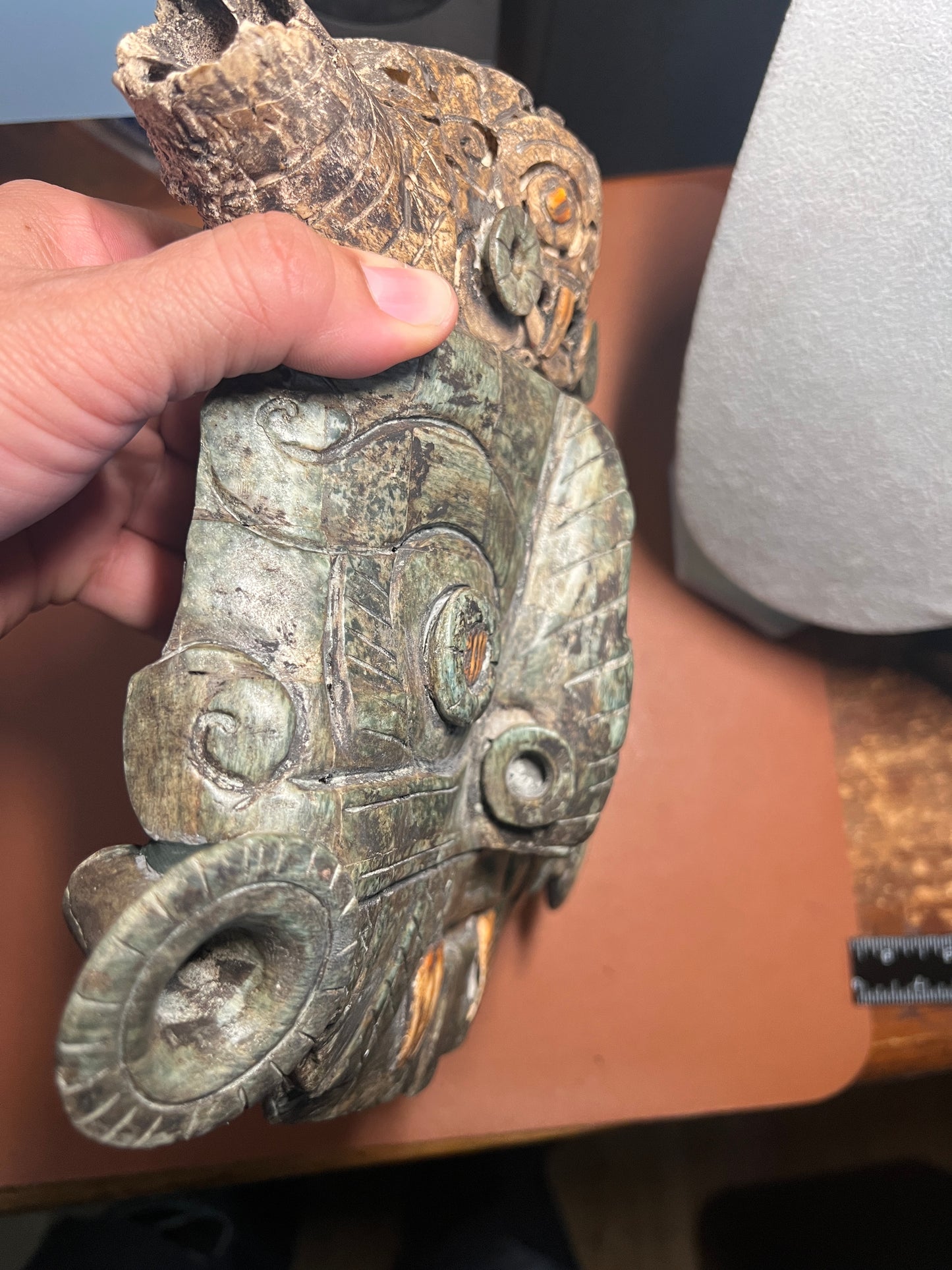 Tlaloc Aztec Rain God Wall Mosaic Art, Bull Skull, Coral, Granite, Handmade Mexico