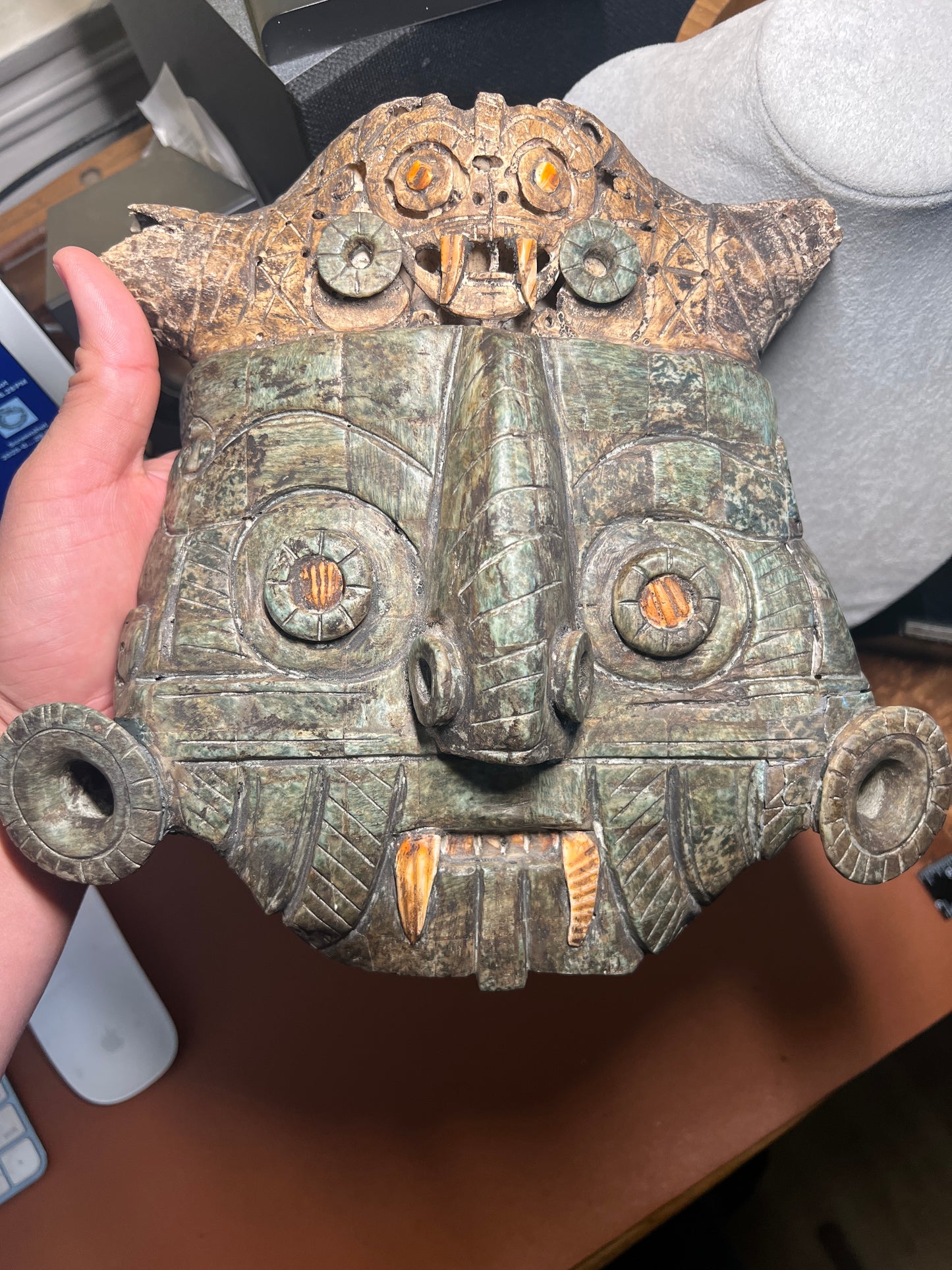 Tlaloc Aztec Rain God Wall Mosaic Art, Bull Skull, Coral, Granite, Handmade Mexico